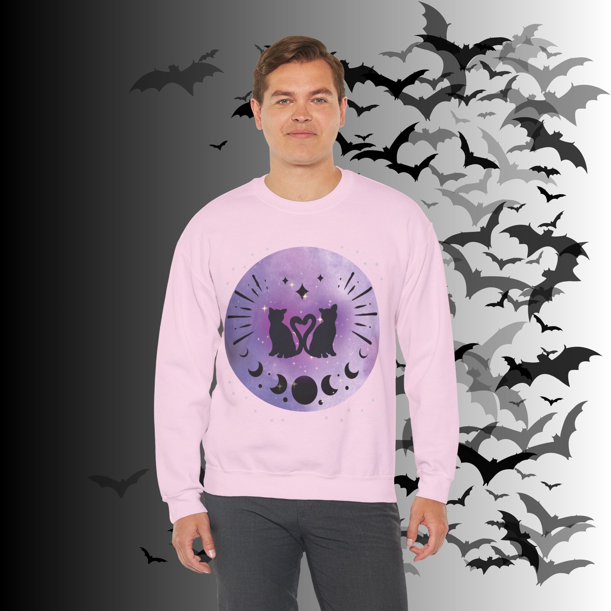 Celestial Twin Cats Heart Moon Crewneck Sweatshirt — Witchy Moon Phase