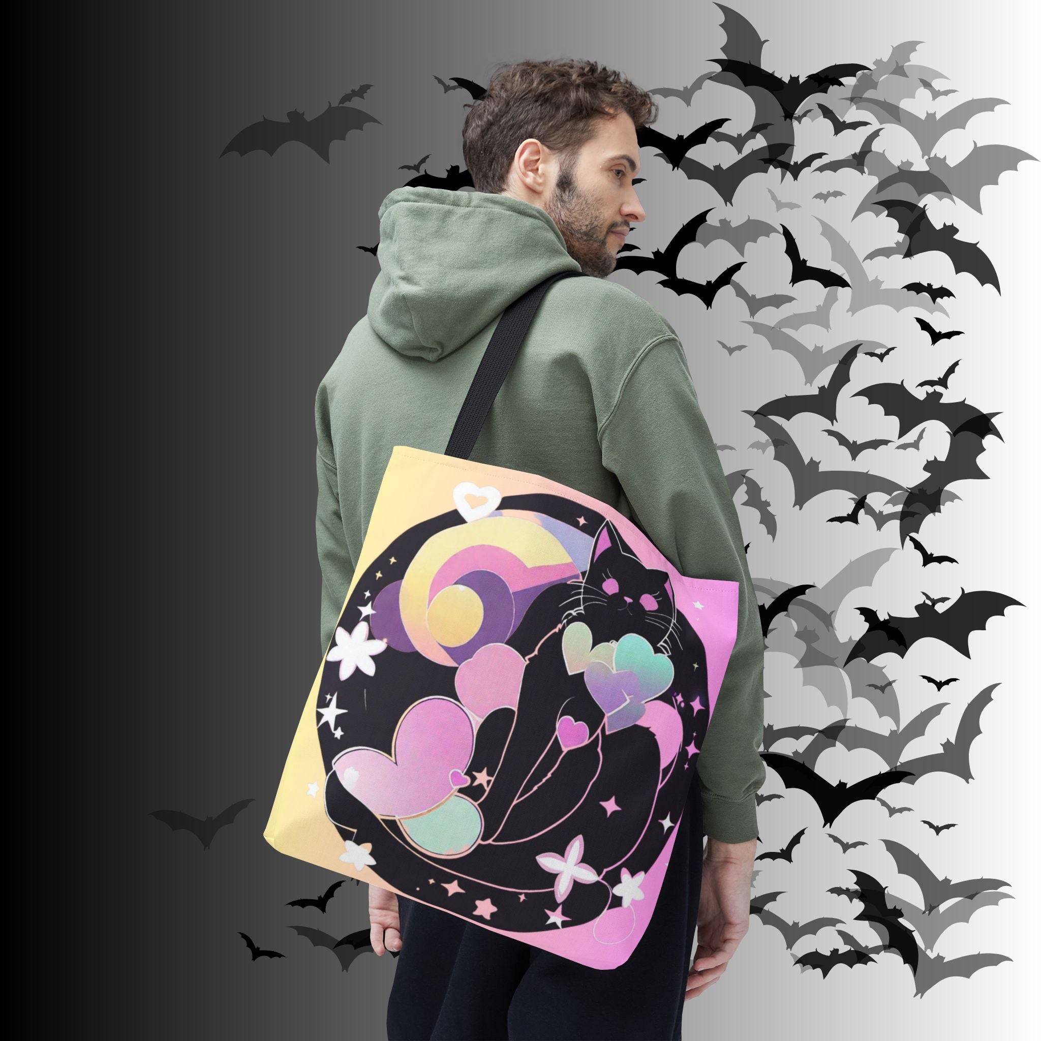 Pastel Goth Black Cat Heart Balloon Tote Bag — Kawaii Moon Print