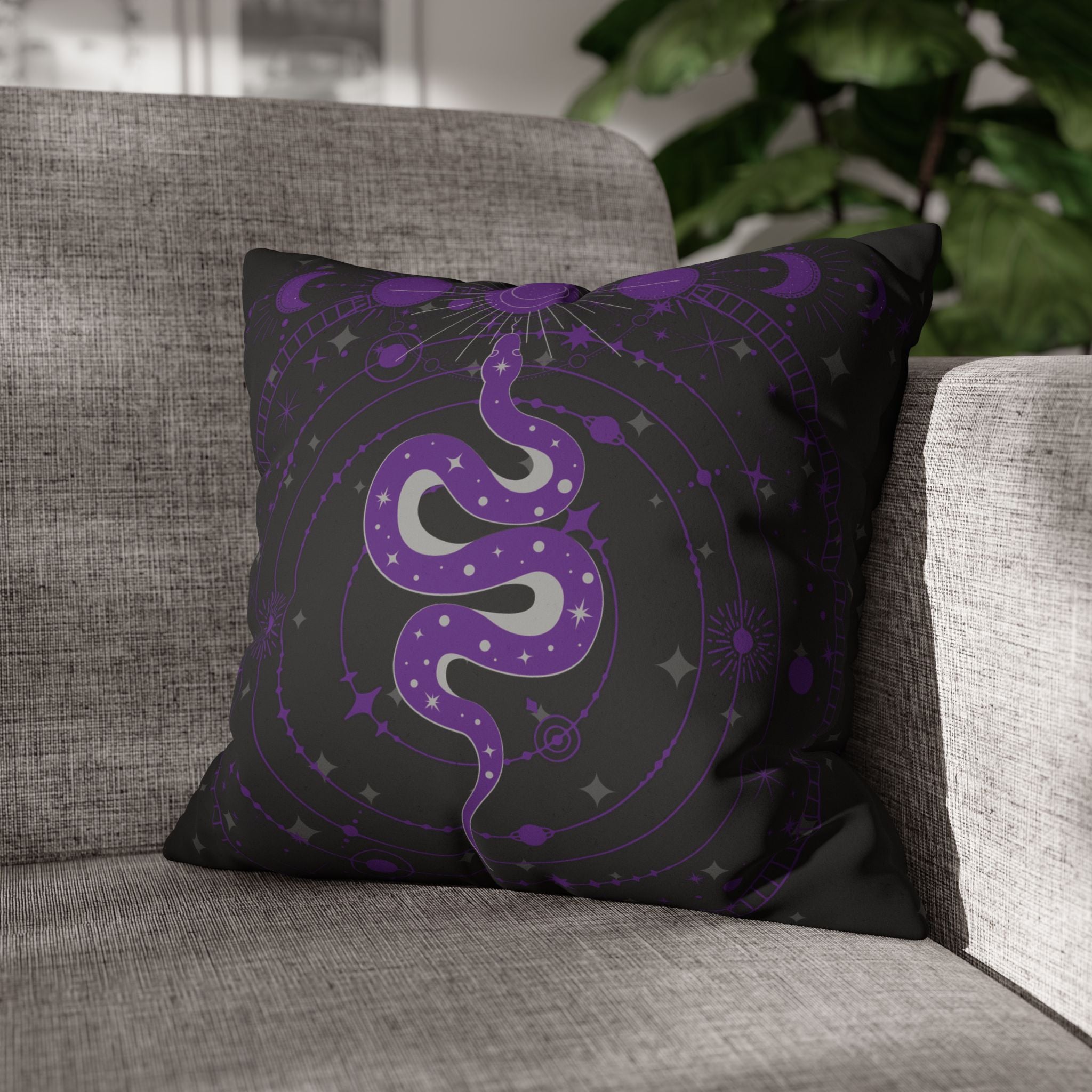 Purple Celestial Snake Moon Phases Throw Pillow — Witchy Gothic Dark Home Decor