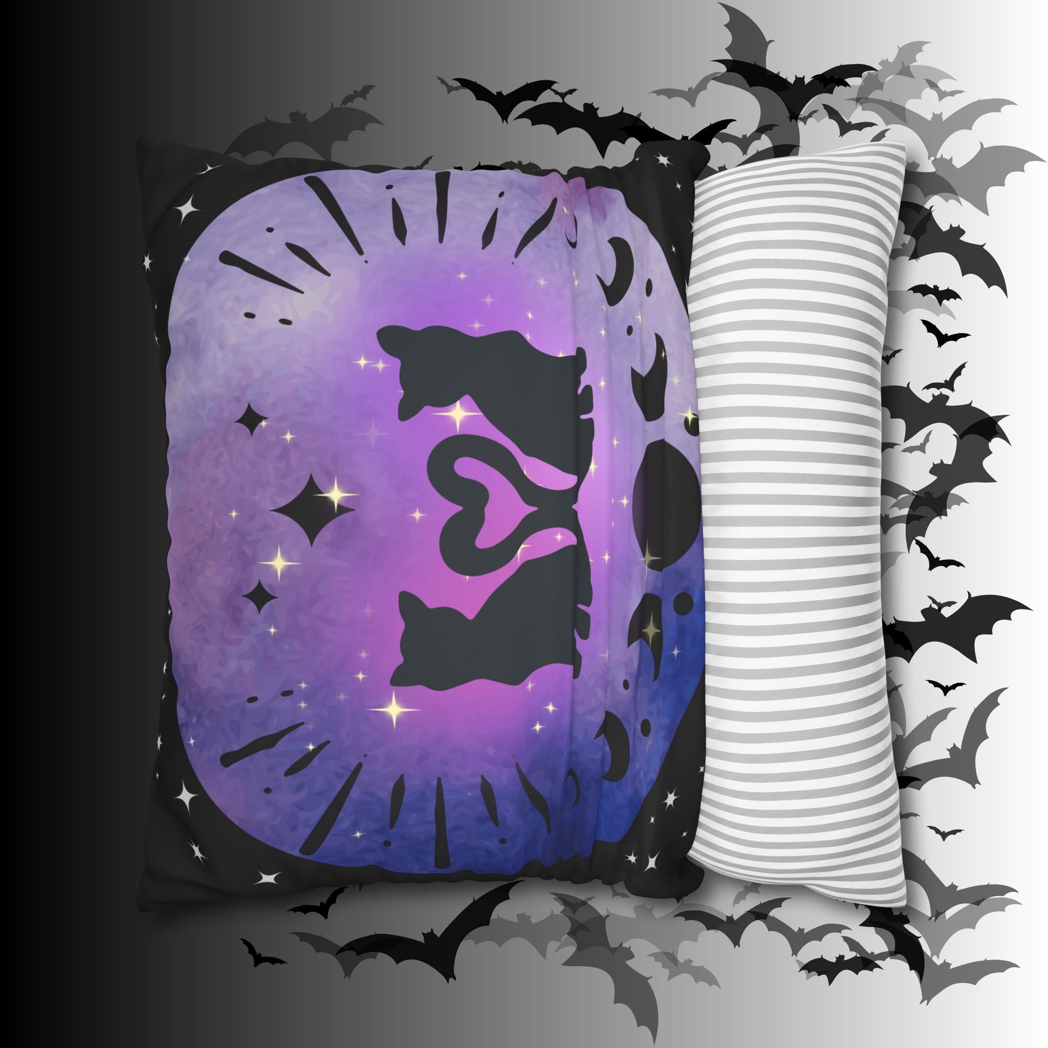 Lunar Love Cats Moon Phases Throw Pillow — Celestial Gothic Dark Home Decor