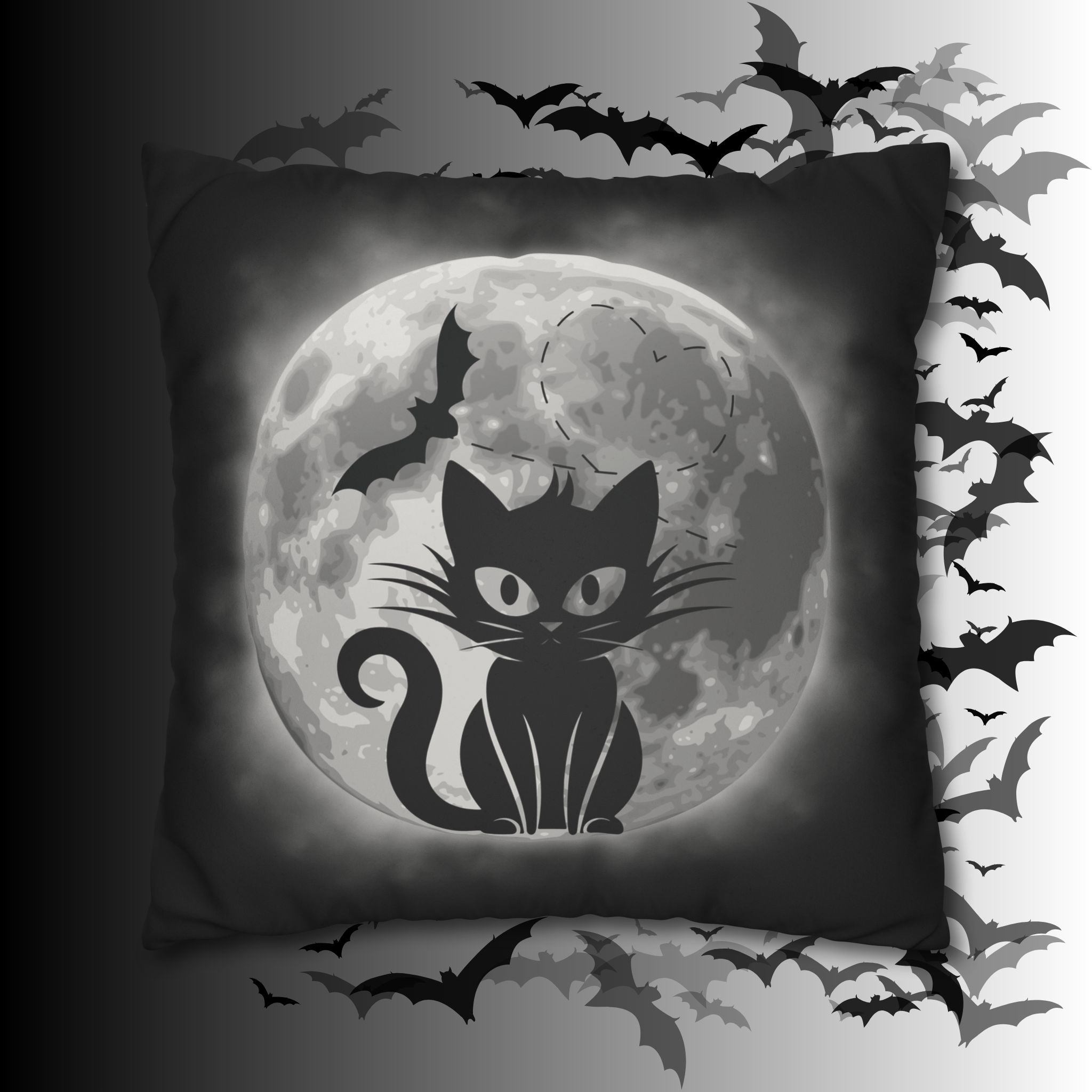 Gothic Black Cat Full Moon Throw Pillow — Bat Dark Home Decor