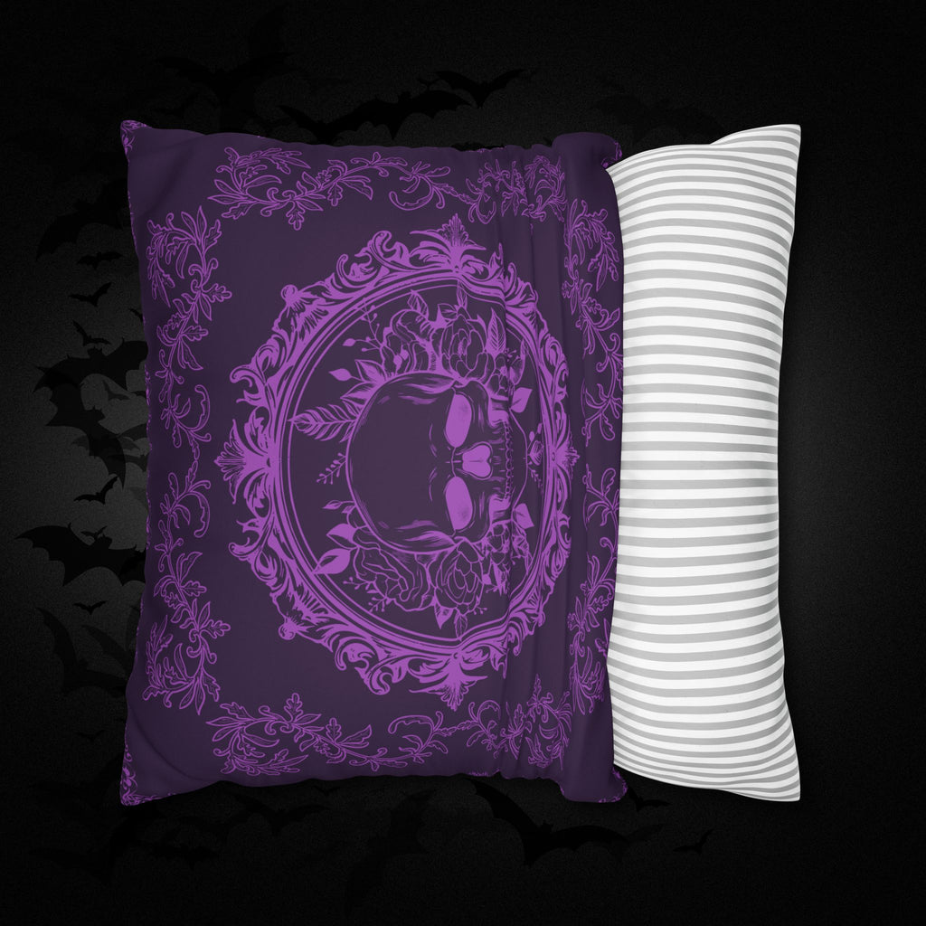 Purple Gothic Floral Skull Throw Pillow — Baroque Botanical Dark Home Decor