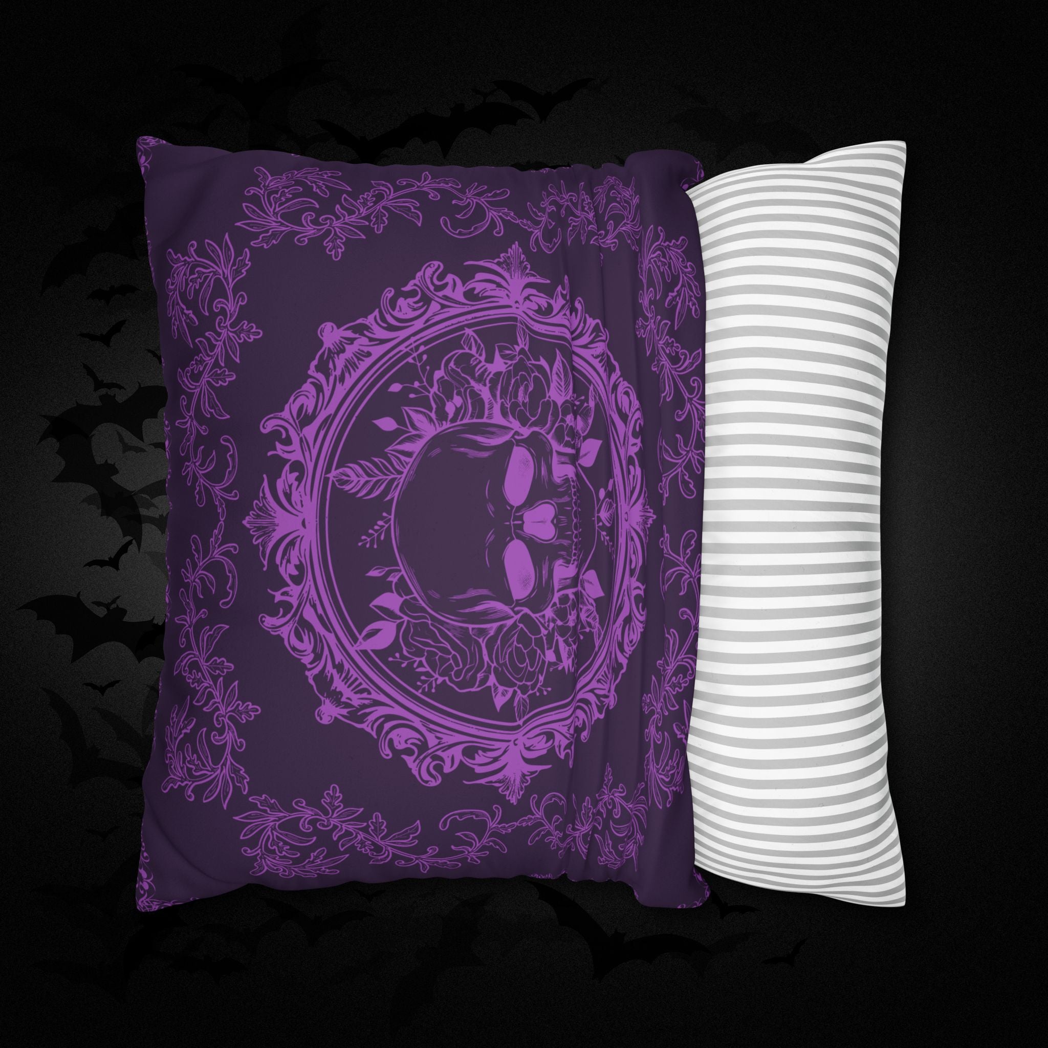 Purple Gothic Floral Skull Throw Pillow — Baroque Botanical Dark Home Decor
