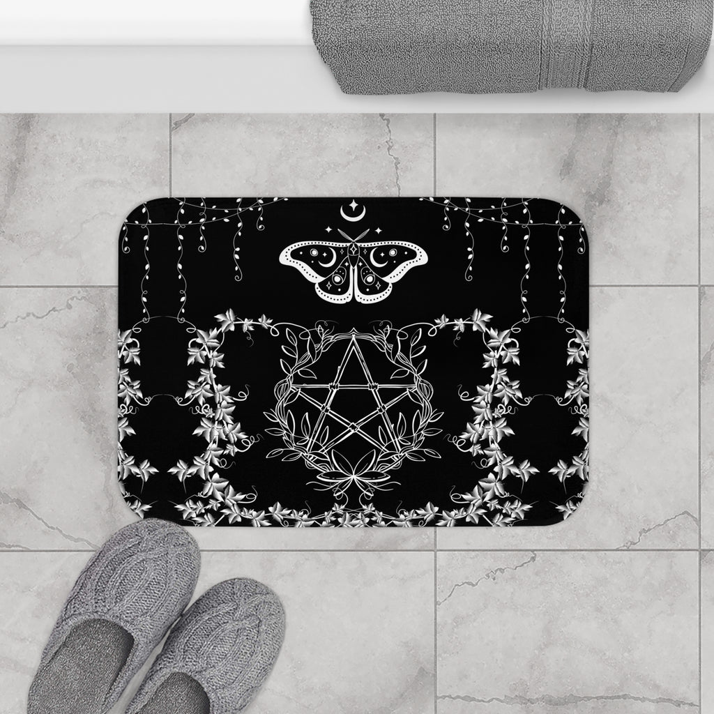 Gothic Pentagram Luna Moth Bath Mat — Witchy Floral Bathroom Decor