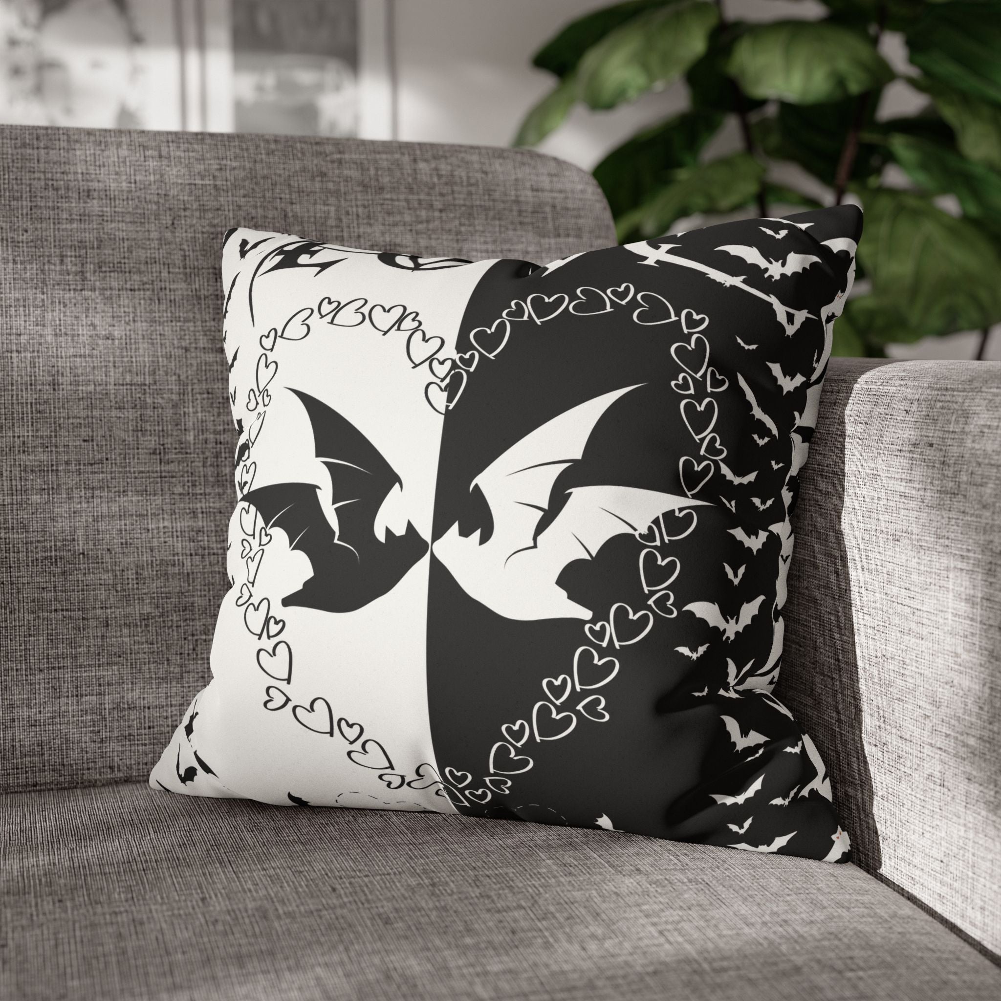 Gothic Bats Heart Throw Pillow — Black White Halloween Dark Home Decor