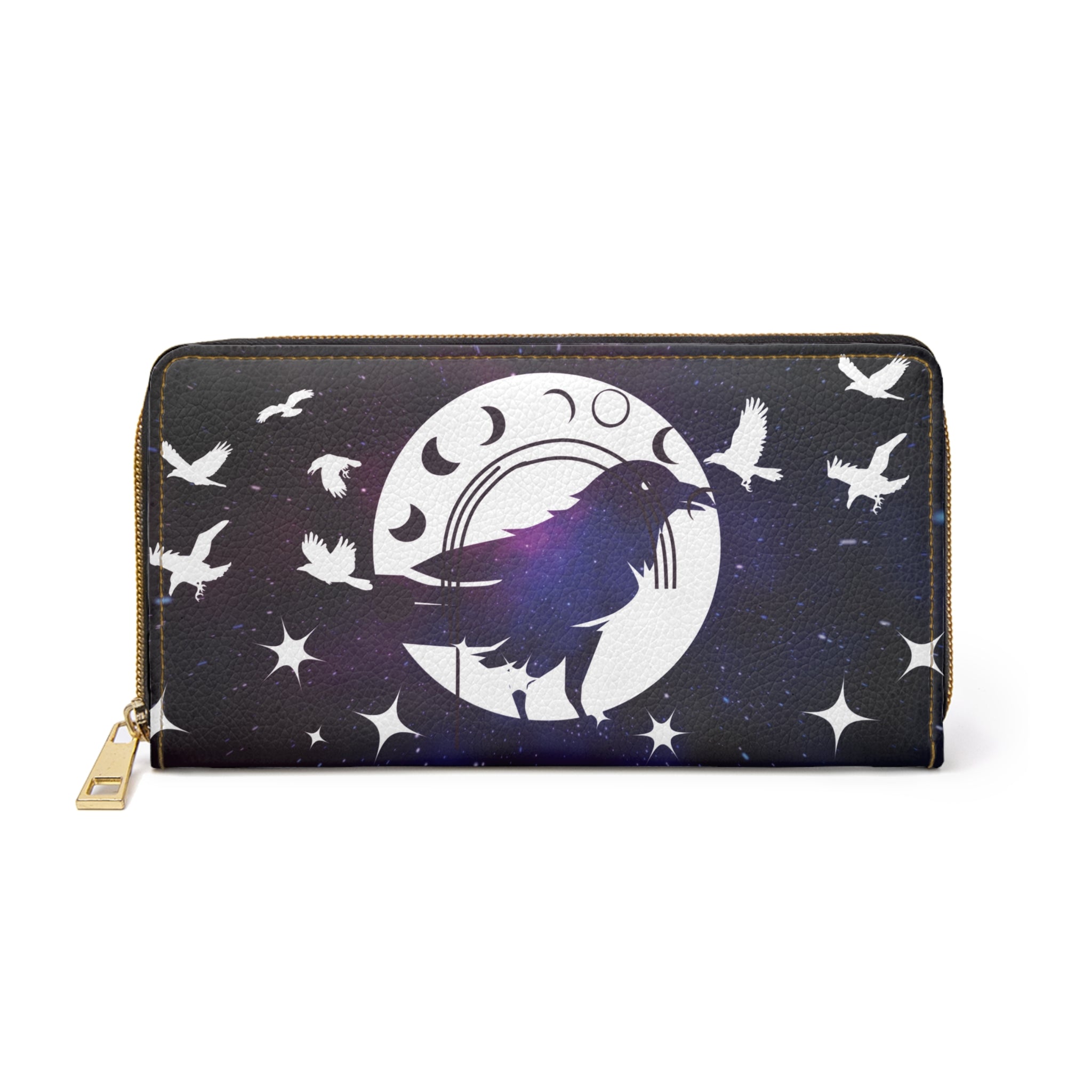 Gothic Celestial Raven Moon Wallet | Witchy Faux Leather Zipper Clutch