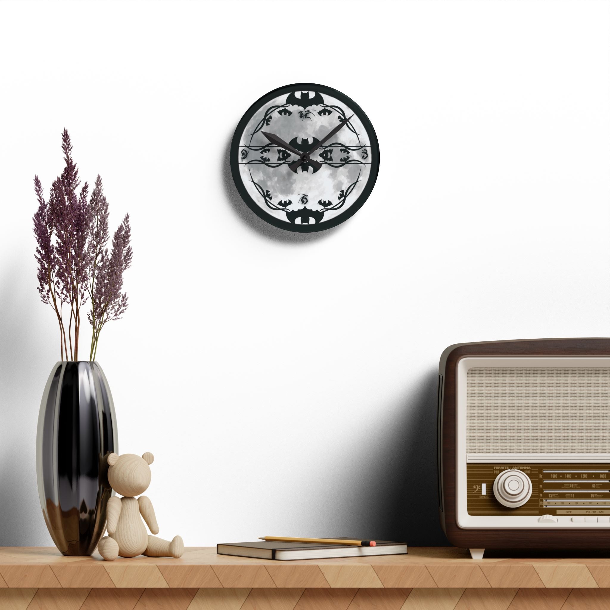 Gothic Bats Full Moon Wall Clock — Halloween Acrylic Art Print Home Decor