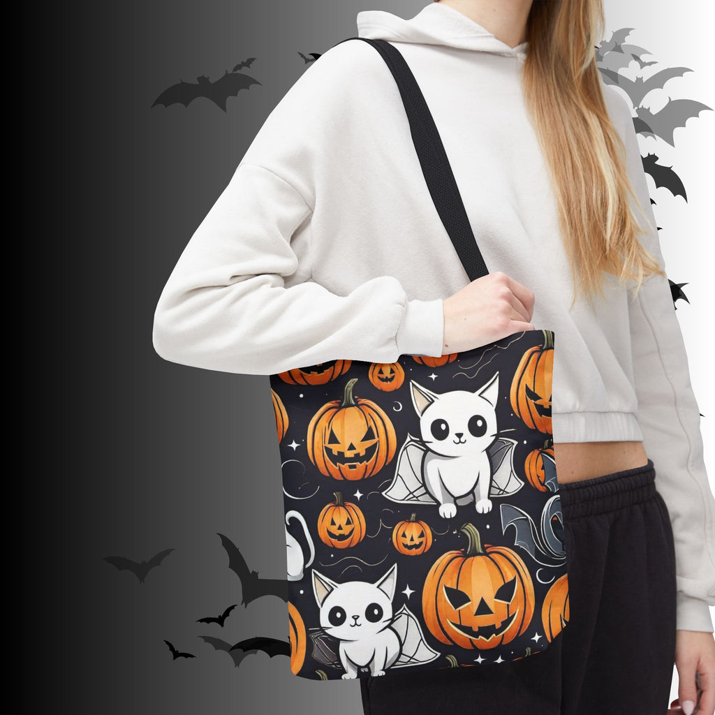 Kawaii Bat Cat Halloween Tote Bag — Spooky Pumpkin Pattern
