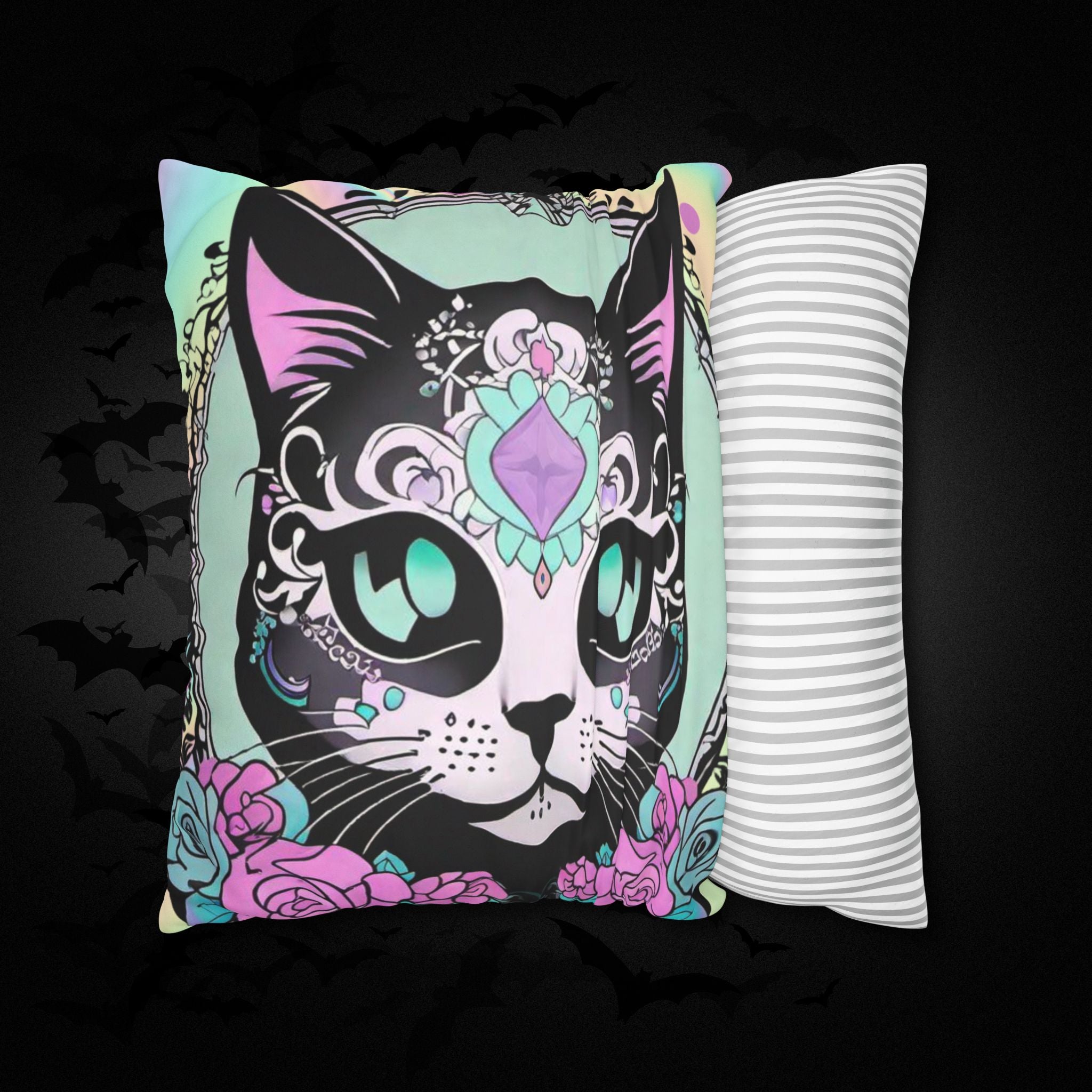 Pastel Goth Sugar Skull Cat Throw Pillow — Floral Gothic Home Decor