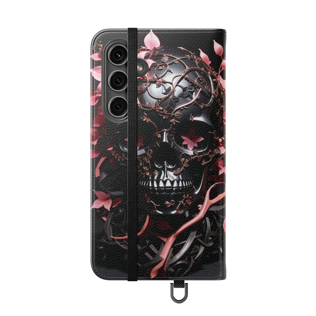 Pink Pastel Goth Skull Flip Wallet Phone Case - Skull Wallet Case for Samsung iPhone - Gothic Style Skull Wallet Phone Cases