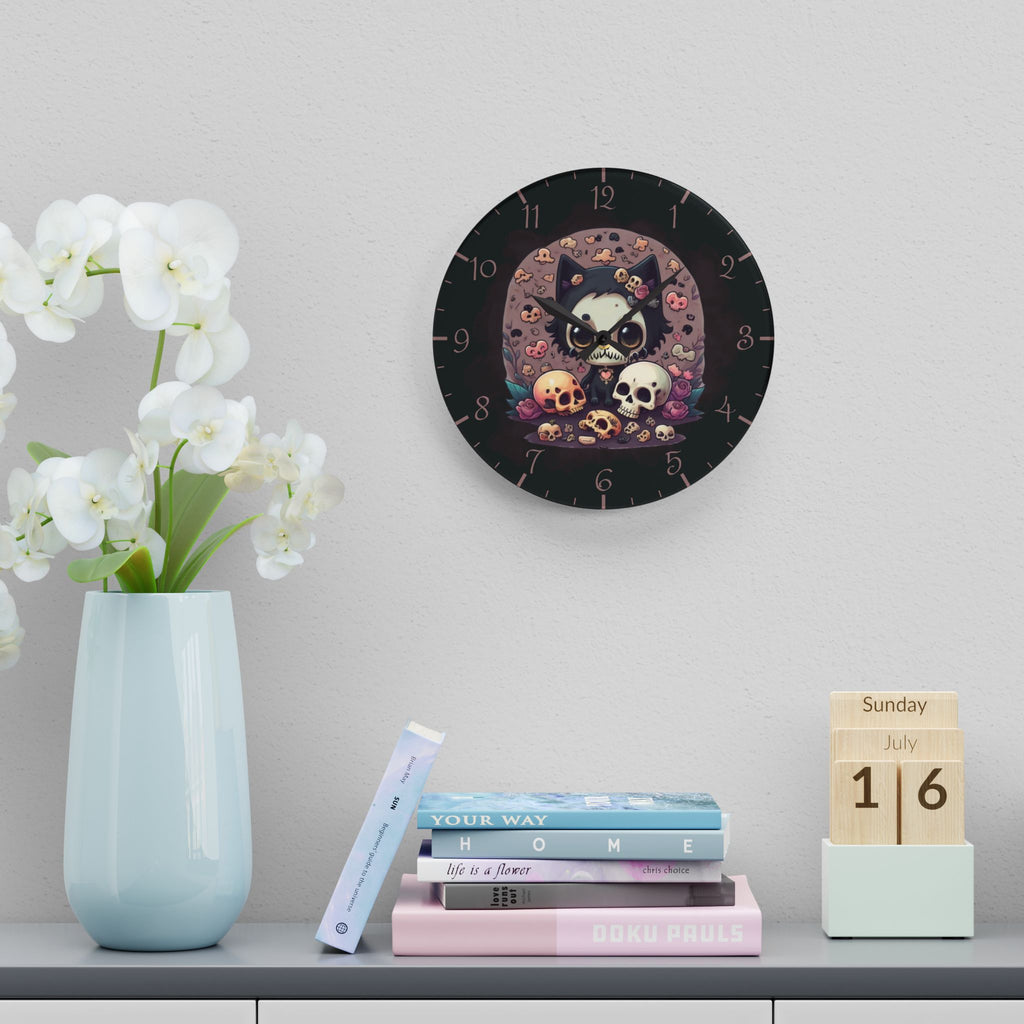 Skull Face Goth Cat Wall Clock — Pastel Goth Acrylic Art Print Home Decor