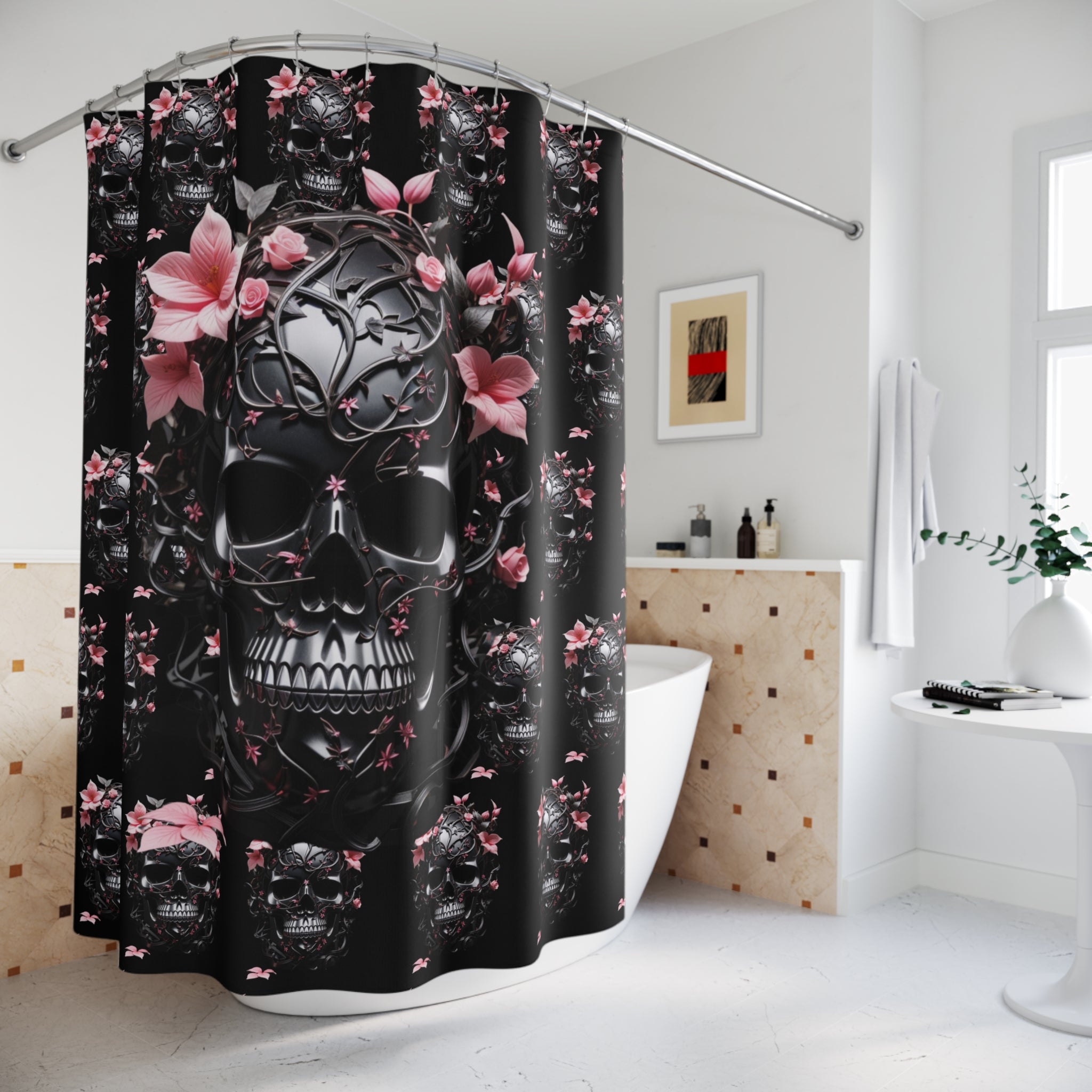 Gothic Floral Skull Shower Curtain — Dark Botanical Bathroom Decor