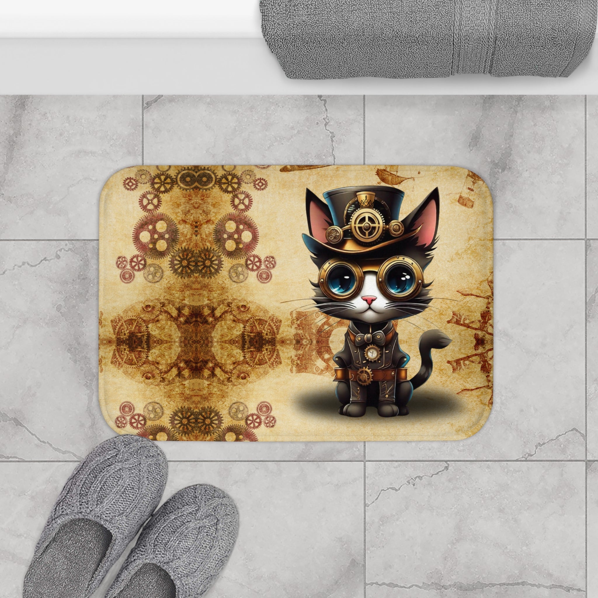 Steampunk Cat Bath Mat — Vintage Industrial Bathroom Decor