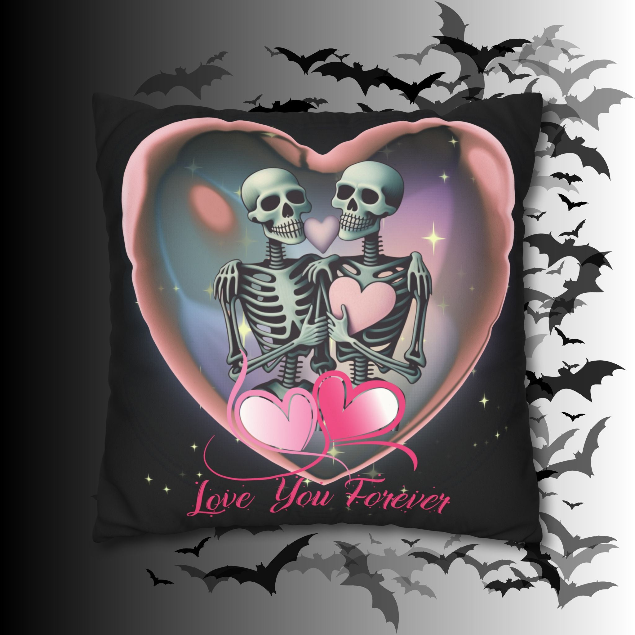 Love You Forever Skeleton Couple Throw Pillow — Gothic Love Dark Home Decor