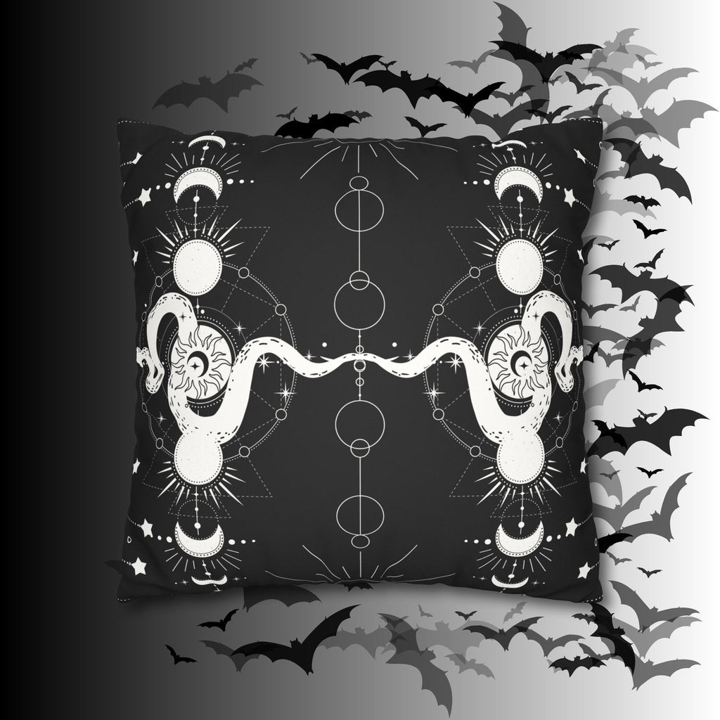 Celestial Snake Moon Phases Throw Pillow — Witchy Gothic Dark Home Decor