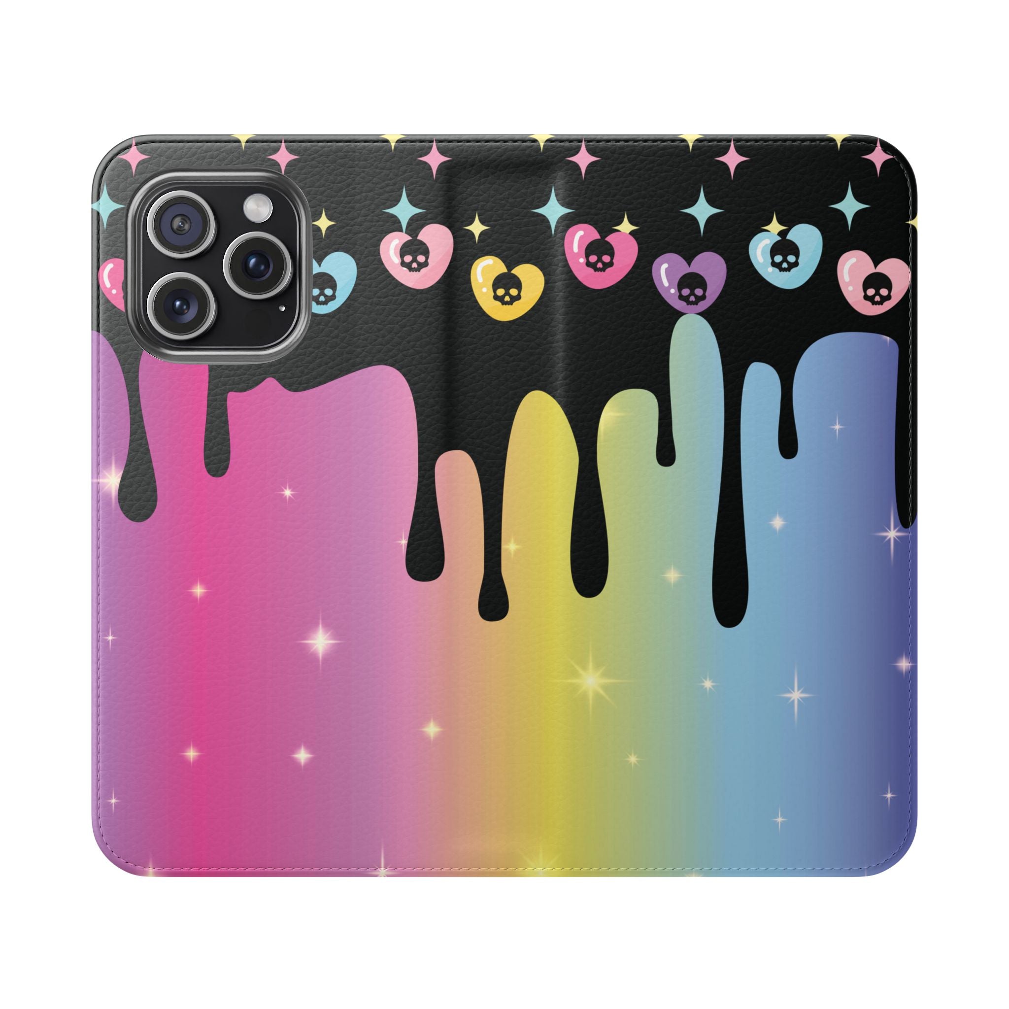 Pastel Goth Drippy Rainbow Skulls Flip Wallet Phone Case - Wallet Case for Samsung and iPhone - Gothic Style Wallet Phone Cases