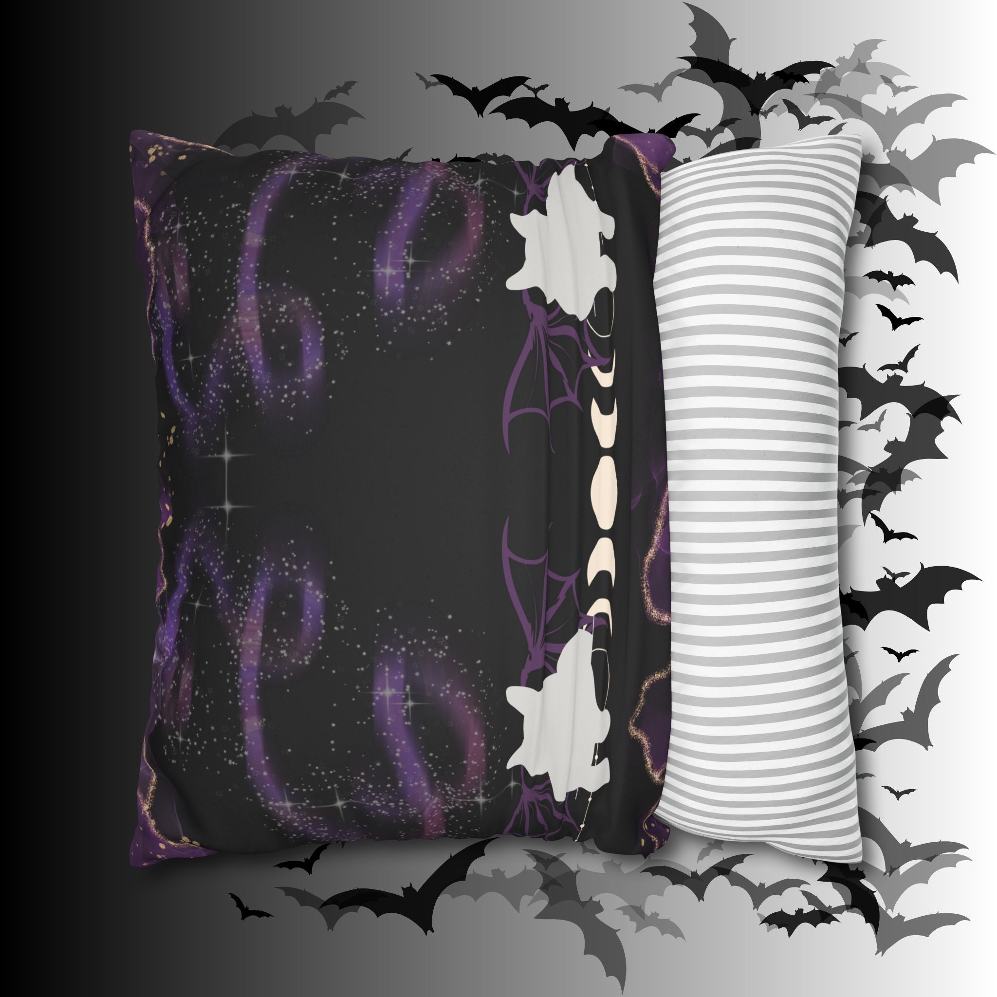 Gothic Bat Wing Cat Moon Phases Throw Pillow — Purple Celestial Dark Home Decor
