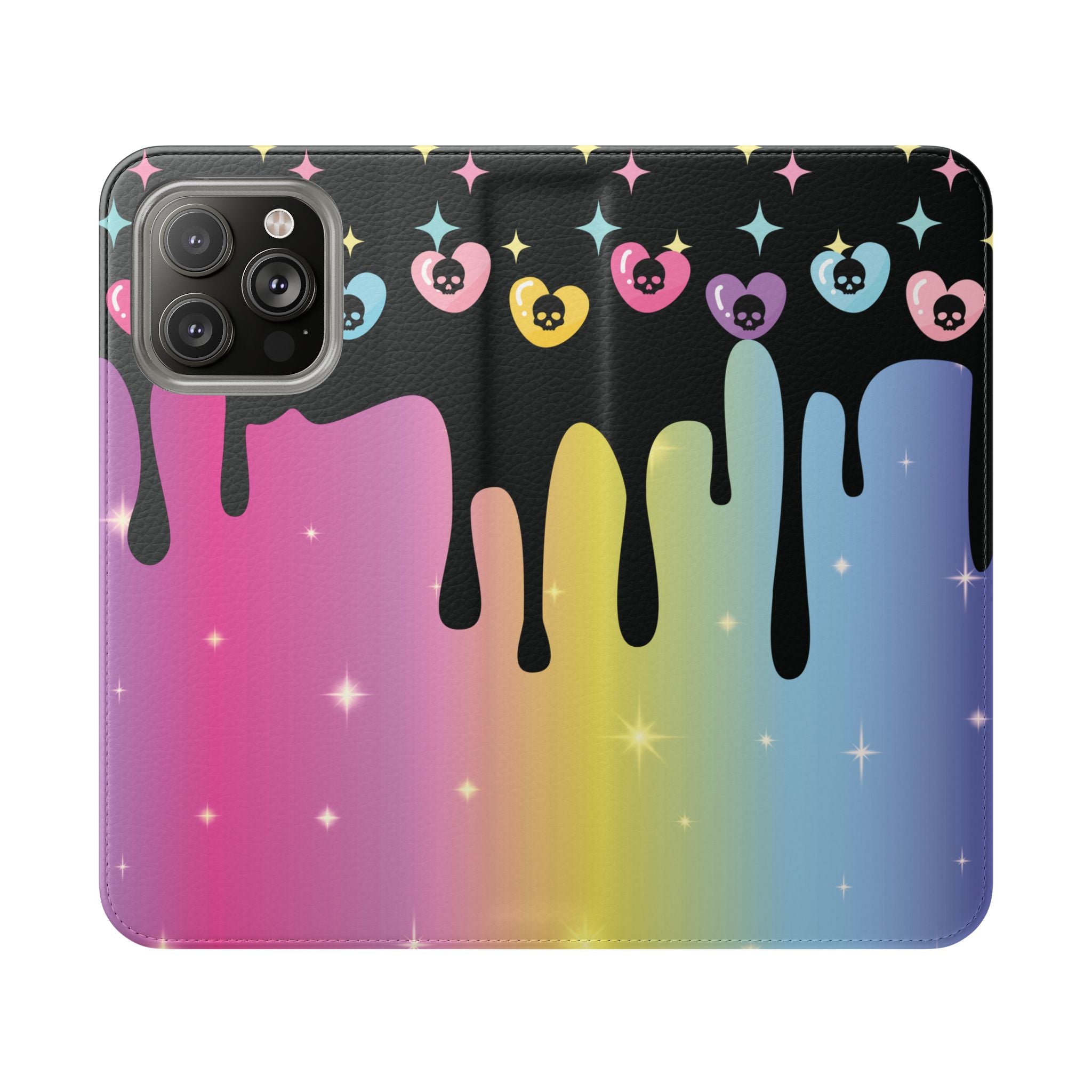 Pastel Goth Drippy Rainbow Skulls Flip Wallet Phone Case - Wallet Case for Samsung and iPhone - Gothic Style Wallet Phone Cases