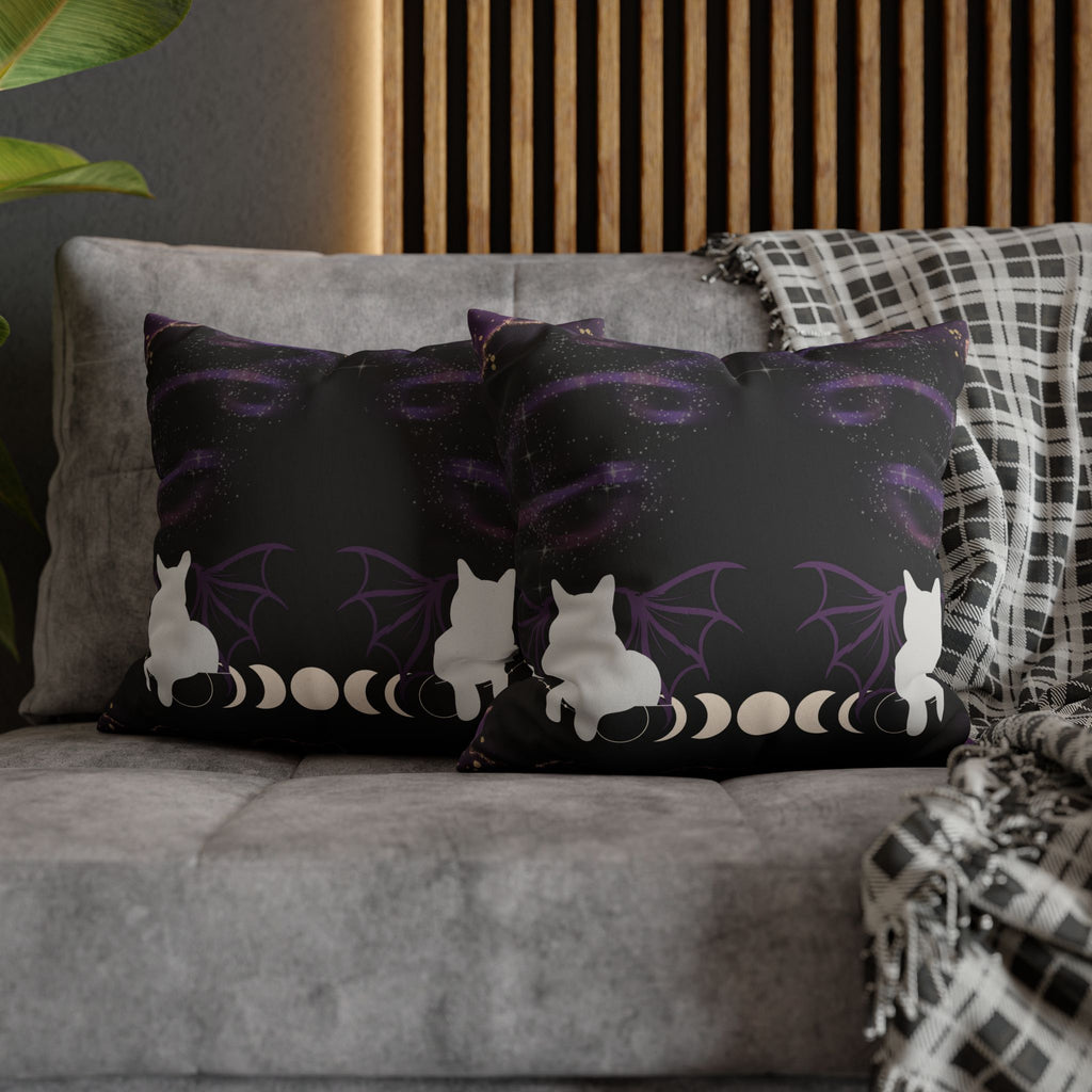 Gothic Bat Wing Cat Moon Phases Throw Pillow — Purple Celestial Dark Home Decor