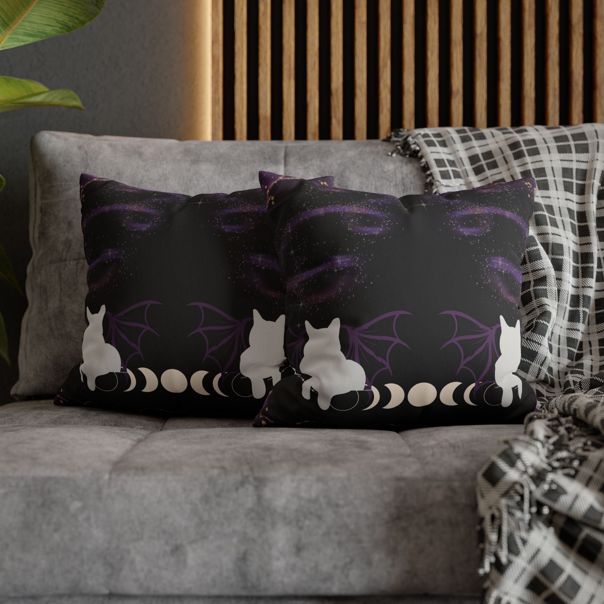 Gothic Bat Wing Cat Moon Phases Throw Pillow — Purple Celestial Dark Home Decor
