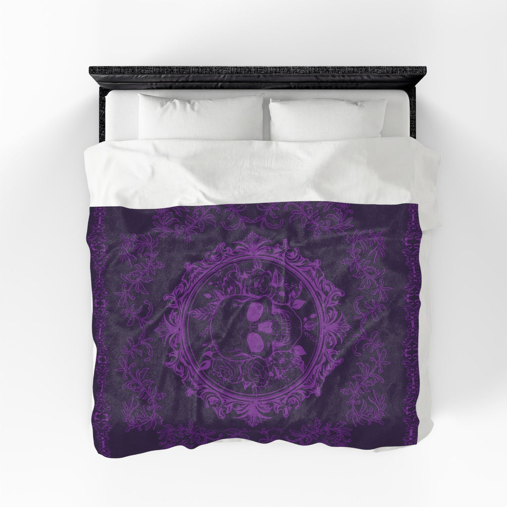 Gothic Purple Skull Botanical Throw Blanket — Tonal Dark Elegance