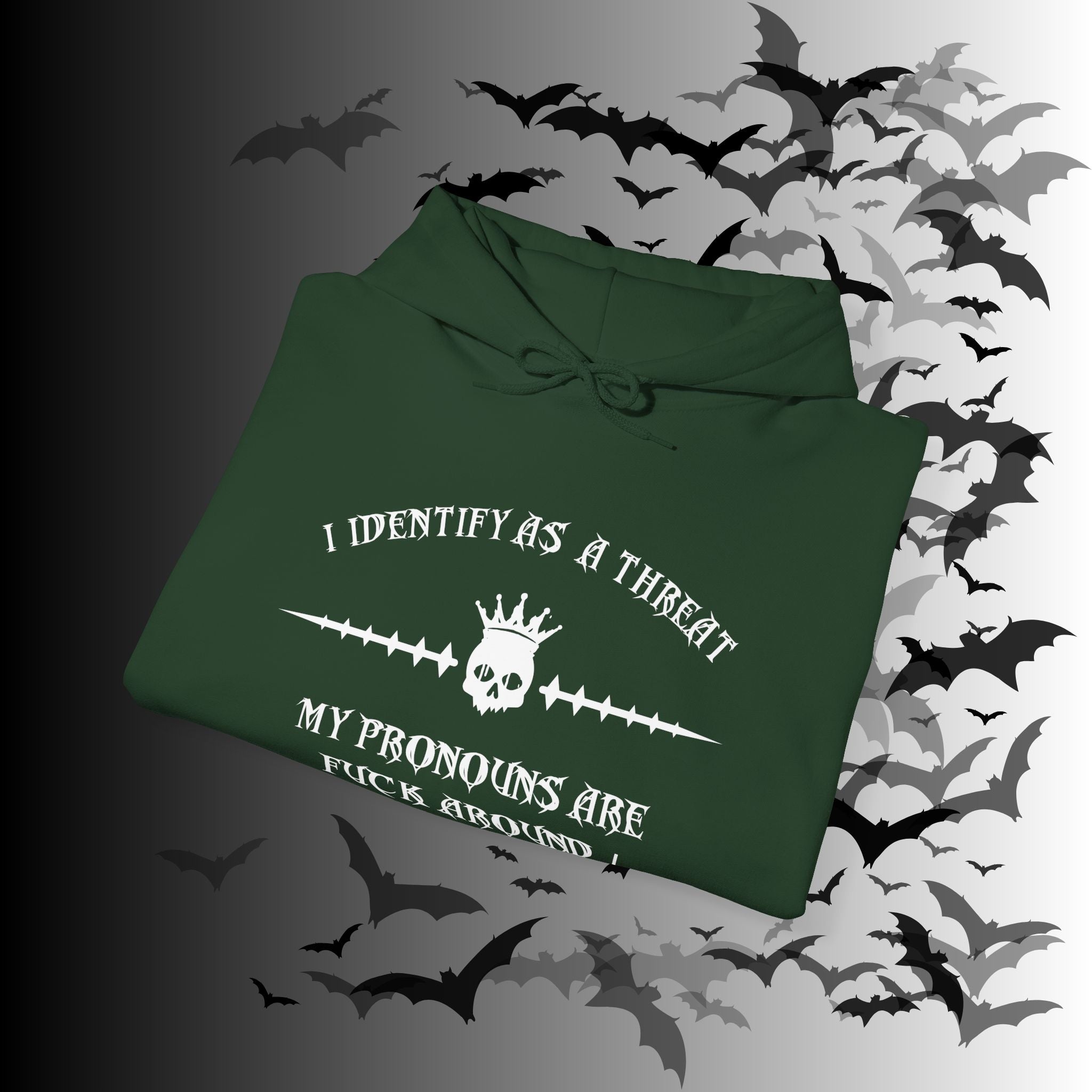 I Identify As a Threat Hoodie — Gothic Skull Sleeve Print FAFO Black