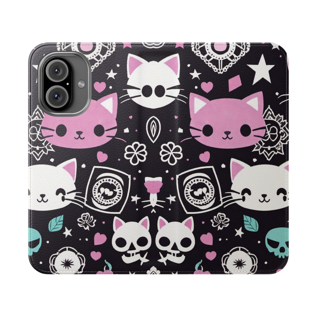 Pastel Goth Cat Flip Wallet Phone Case - Goth Cat Wallet Case for Samsung iPhone - Gothic Style Cats Wallet Phone Cases