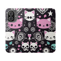 Pastel Goth Cat Flip Wallet Phone Case - Goth Cat Wallet Case for Samsung iPhone - Gothic Style Cats Wallet Phone Cases