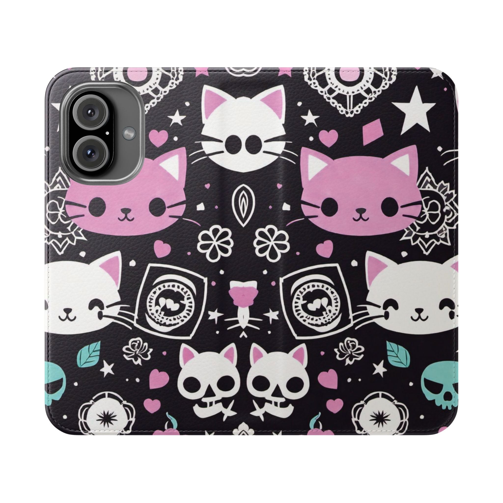 Pastel Goth Cat Flip Wallet Phone Case - Goth Cat Wallet Case for Samsung iPhone - Gothic Style Cats Wallet Phone Cases