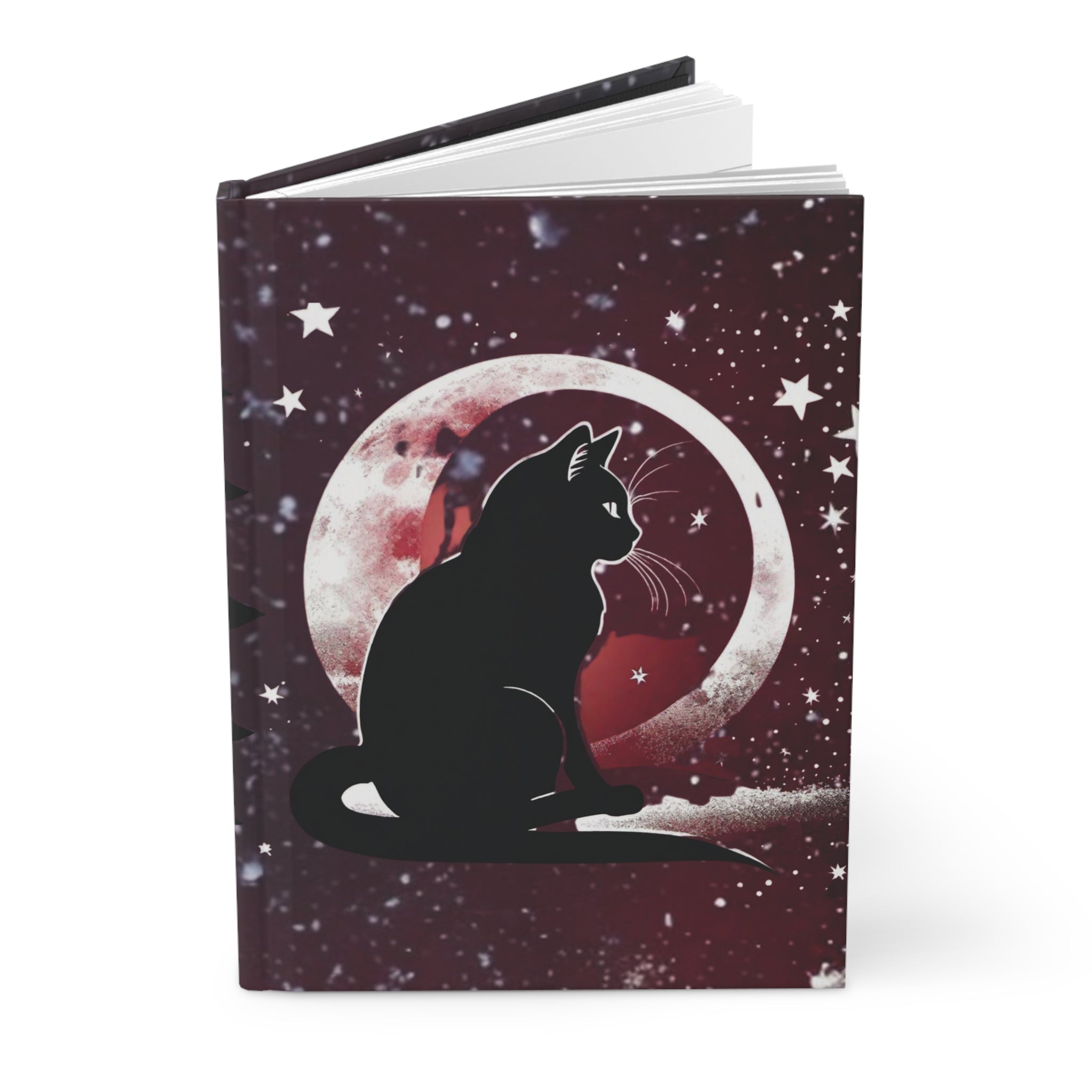 Gothic Black Cat Full Moon Journal — Crimson Starfield Hardcover Spell Book