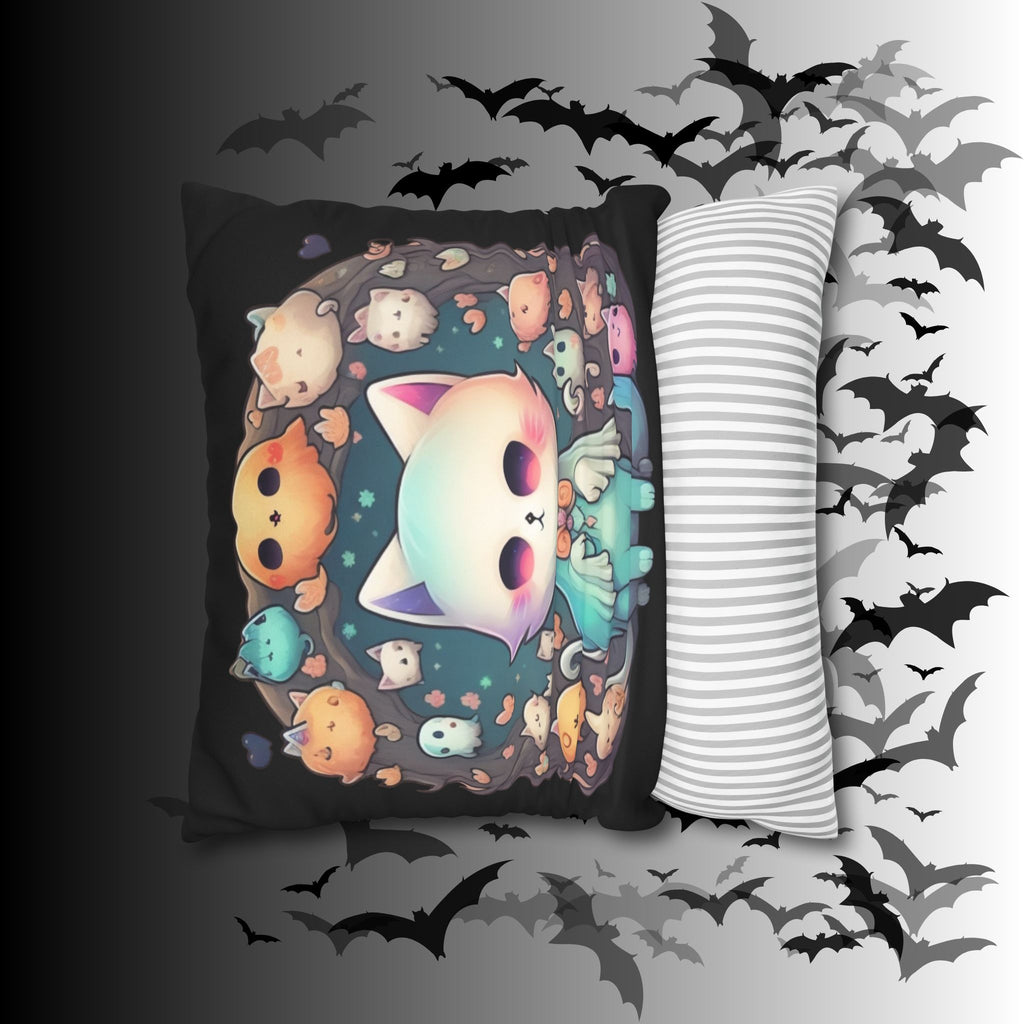 Creepy Cute Kawaii Ghost Cat Throw Pillow — Pastel Goth Dark Home Decor