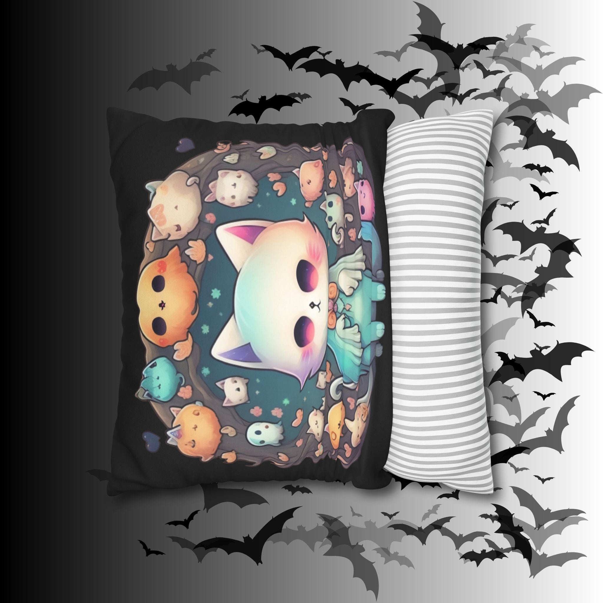 Creepy Cute Kawaii Ghost Cat Throw Pillow — Pastel Goth Dark Home Decor