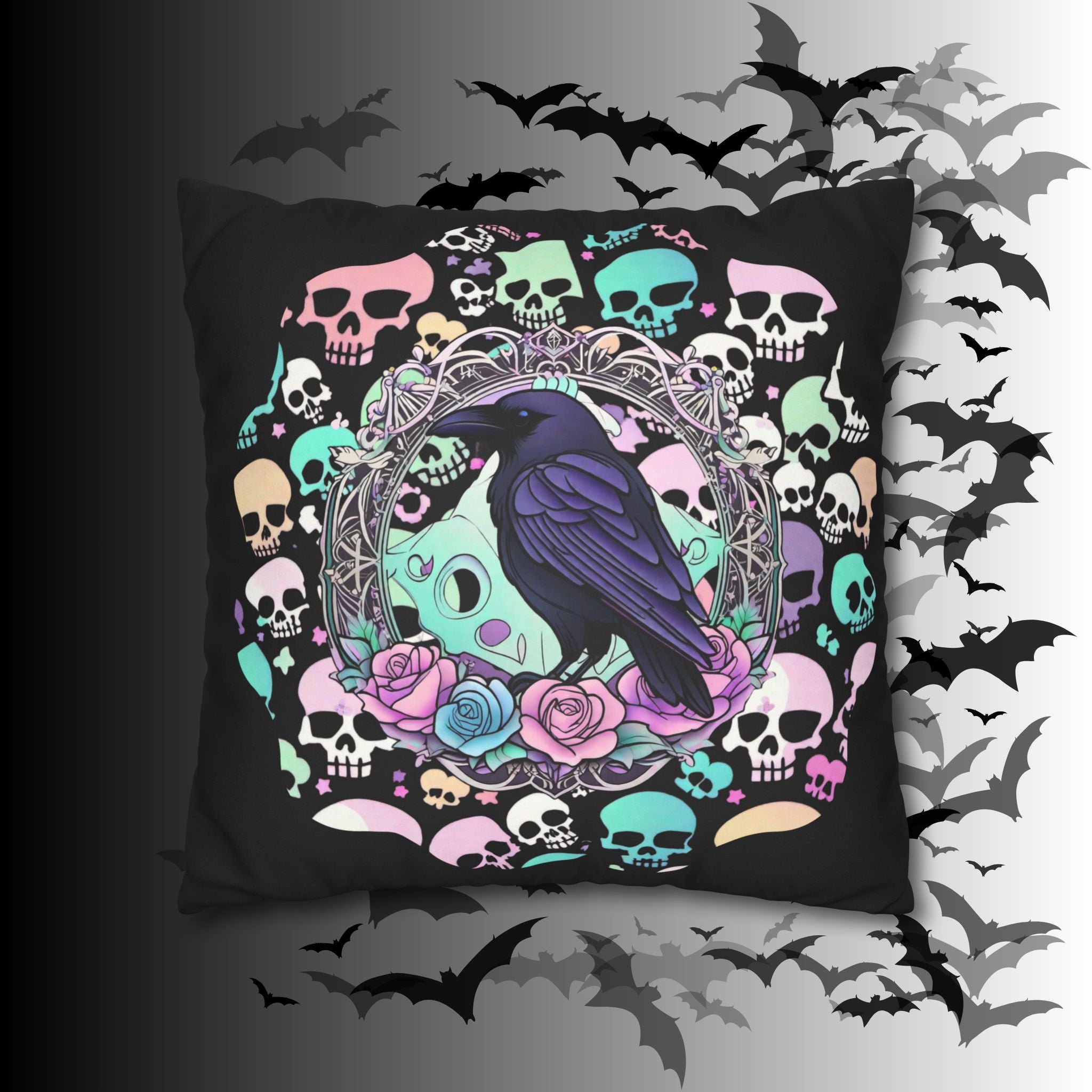 Pastel Goth Raven Skull Throw Pillow — Dark Floral Gothic Home Decor