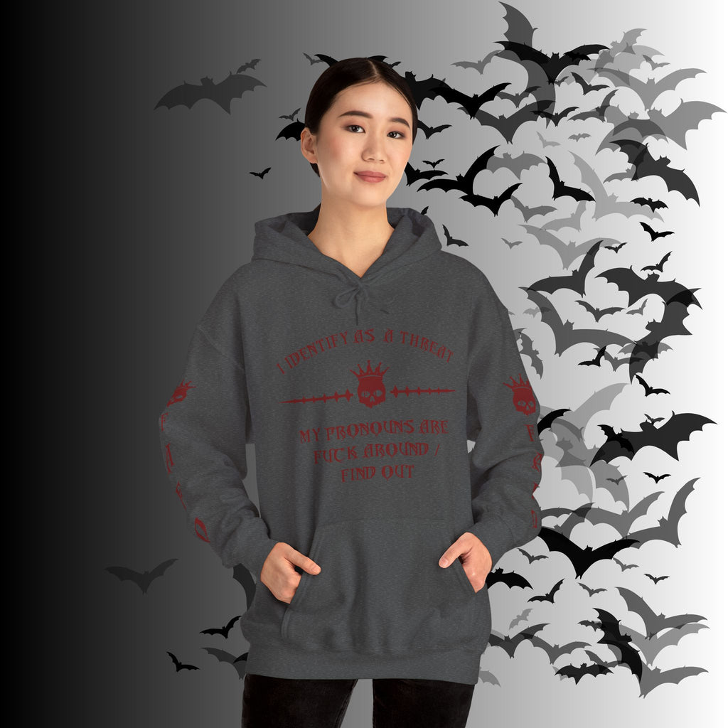 I Identify As a Threat Hoodie — Gothic Skull Sleeve Print Fuck Around Find Out