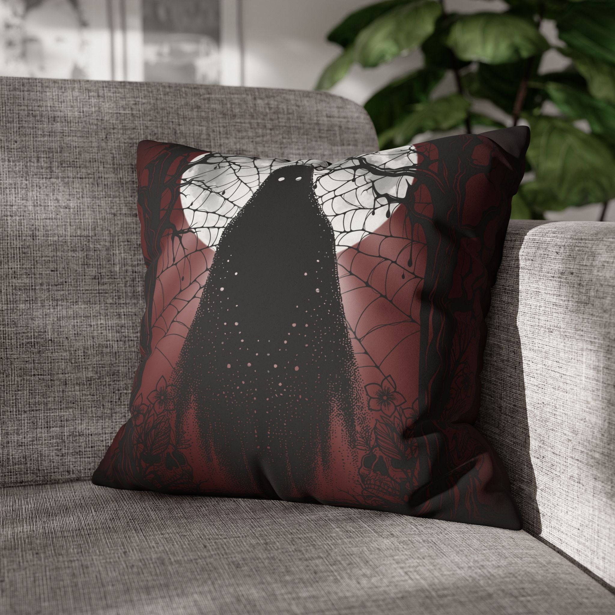 Gothic Ghost Cobweb Moon Throw Pillow — Spooky Halloween Dark Home Decor