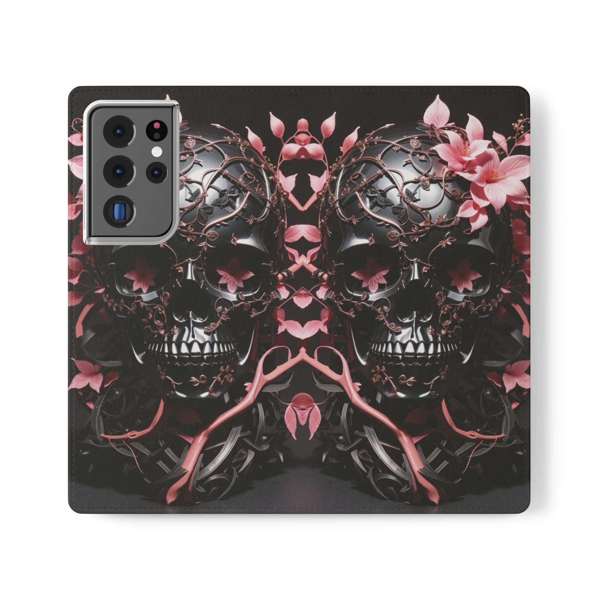 Pink Pastel Goth Skull Flip Wallet Phone Case - Skull Wallet Case for Samsung iPhone - Gothic Style Skull Wallet Phone Cases