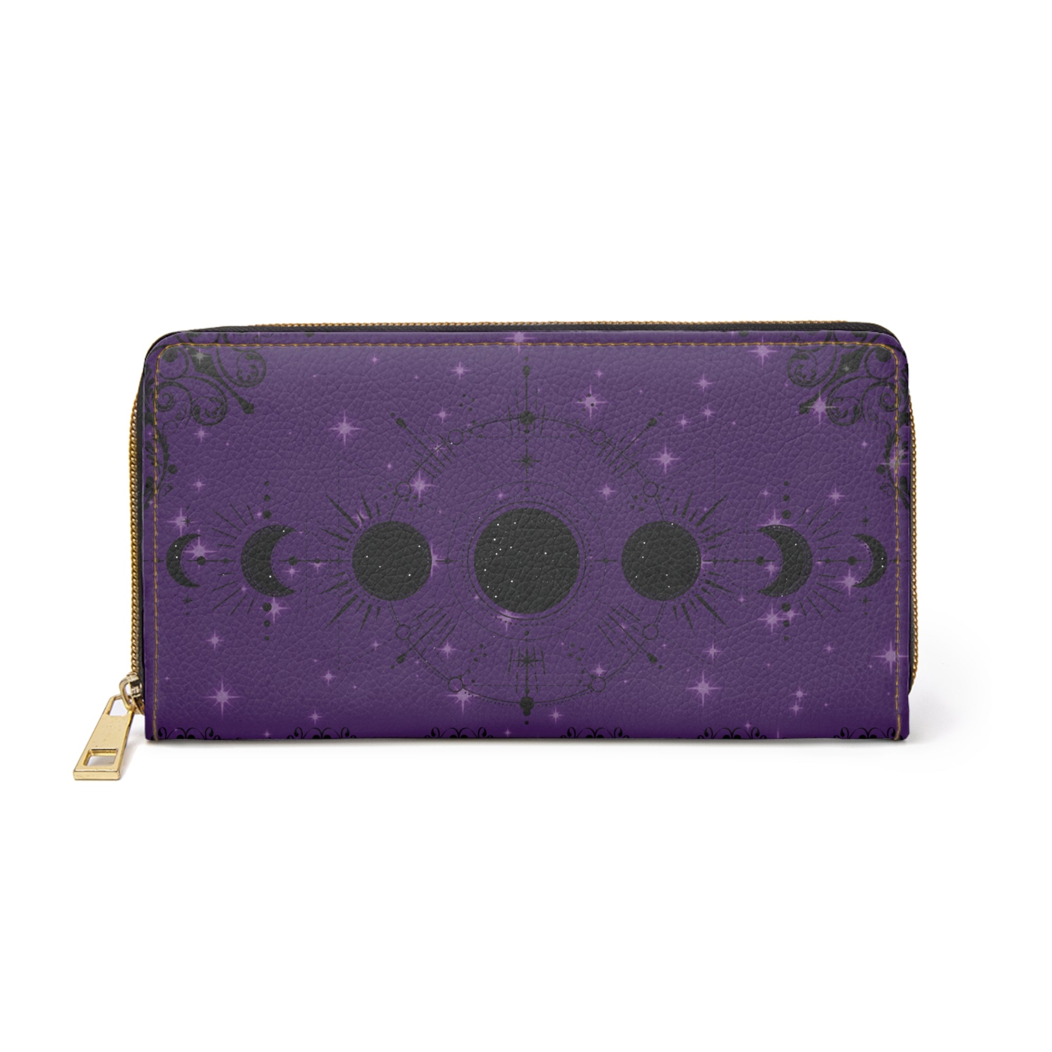 Gothic Gem Tone Moon Phase Wallet | Amethyst Ruby Emerald Faux Leather Zipper Clutch