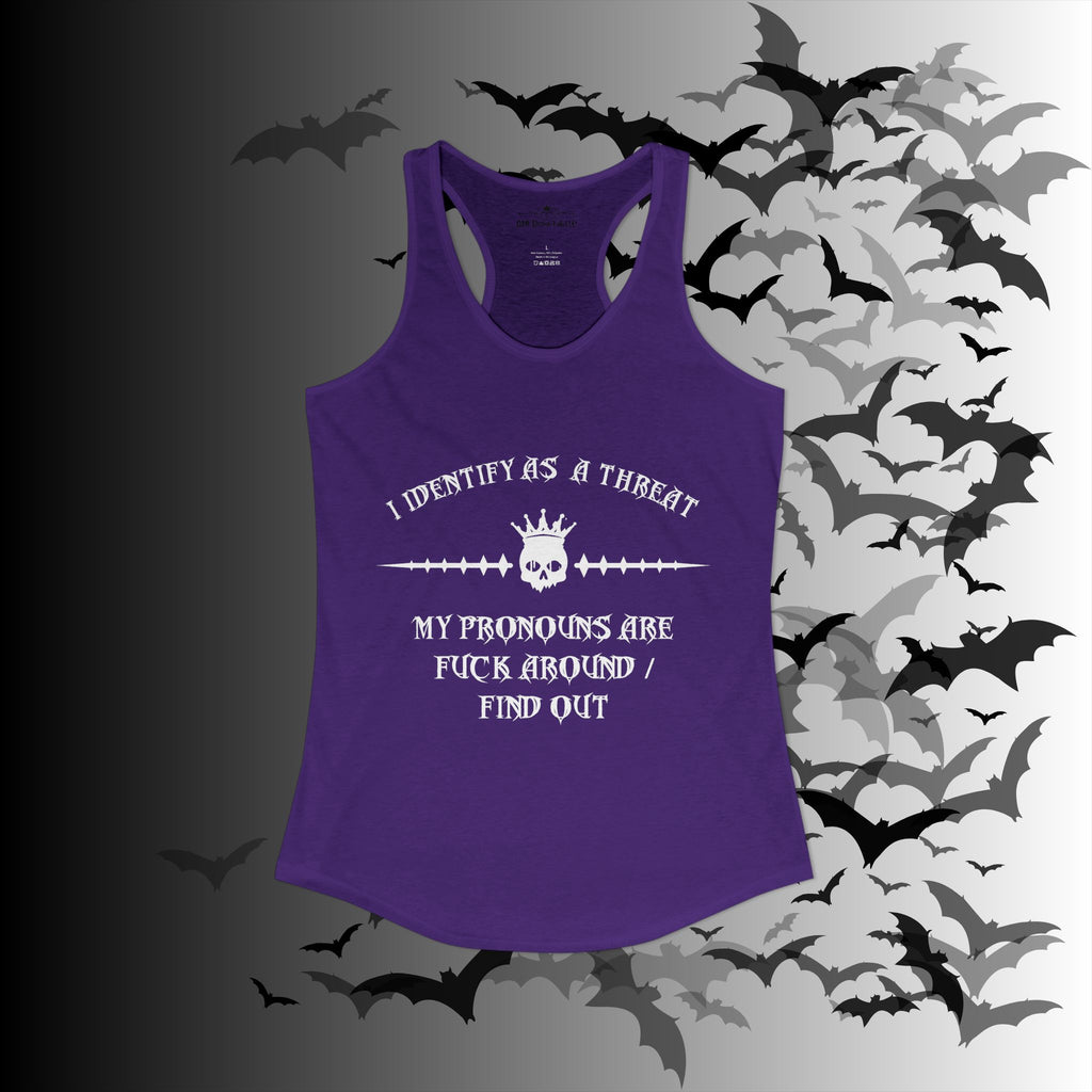 "FAFO" I Identify As A Threat Racerback Tank Top — Gothic Humor Front & Back