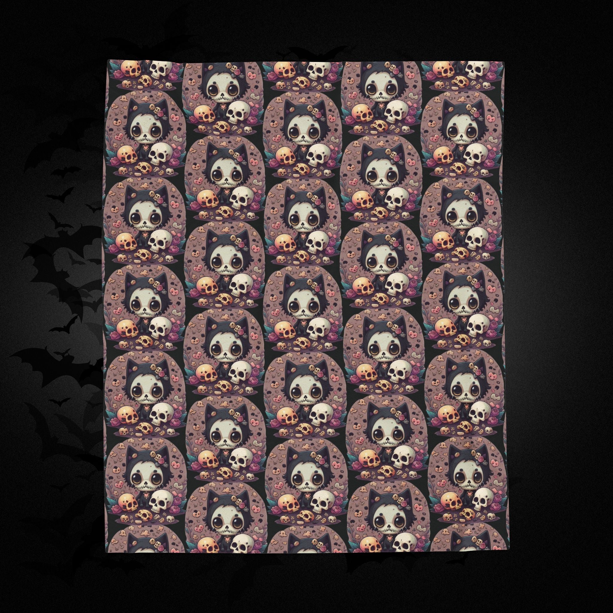 Kawaii Skull Cat Throw Blanket — Creepy Cute Gothic Home Decor