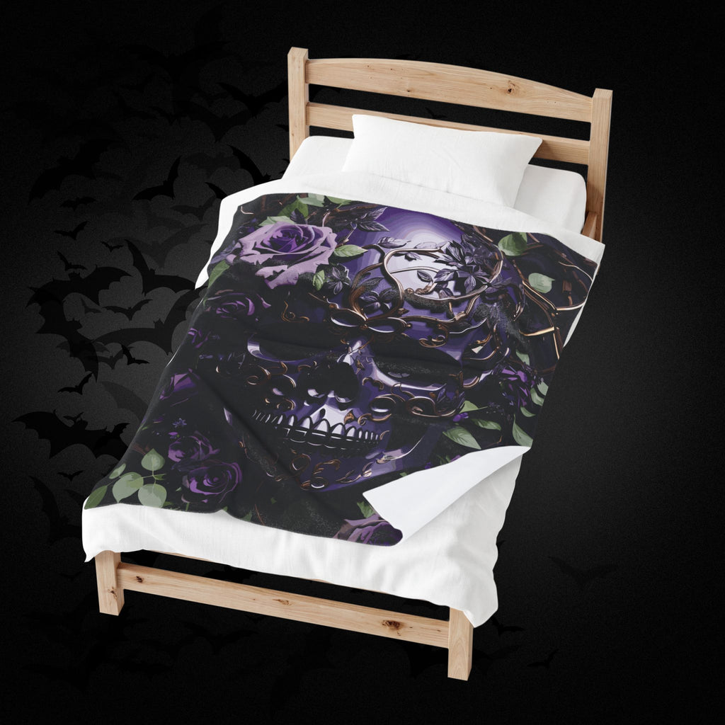 Gothic Black & Purple Botanical Skull Throw Blanket — Dark Floral Home Decor