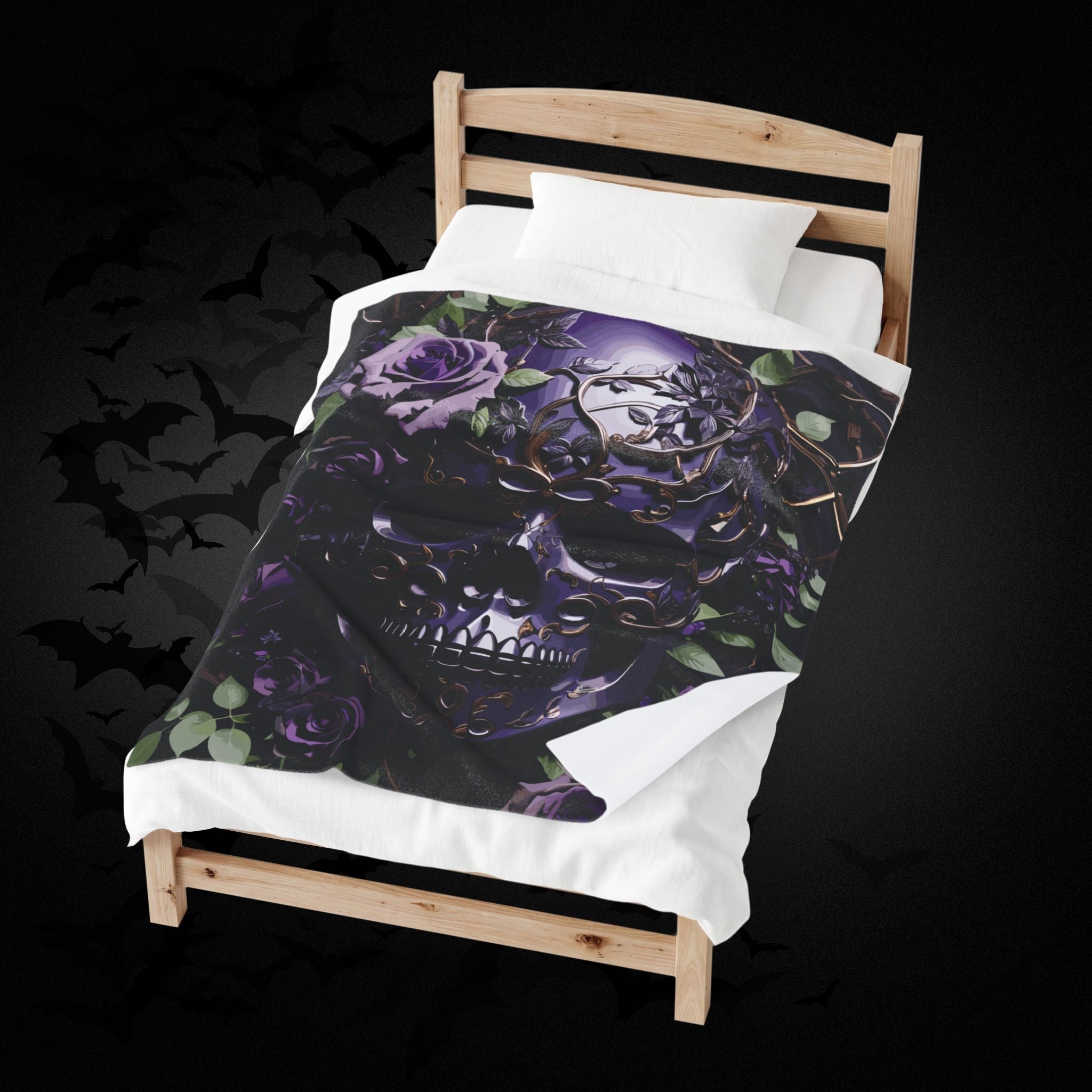 Gothic Black & Purple Botanical Skull Throw Blanket — Dark Floral Home Decor