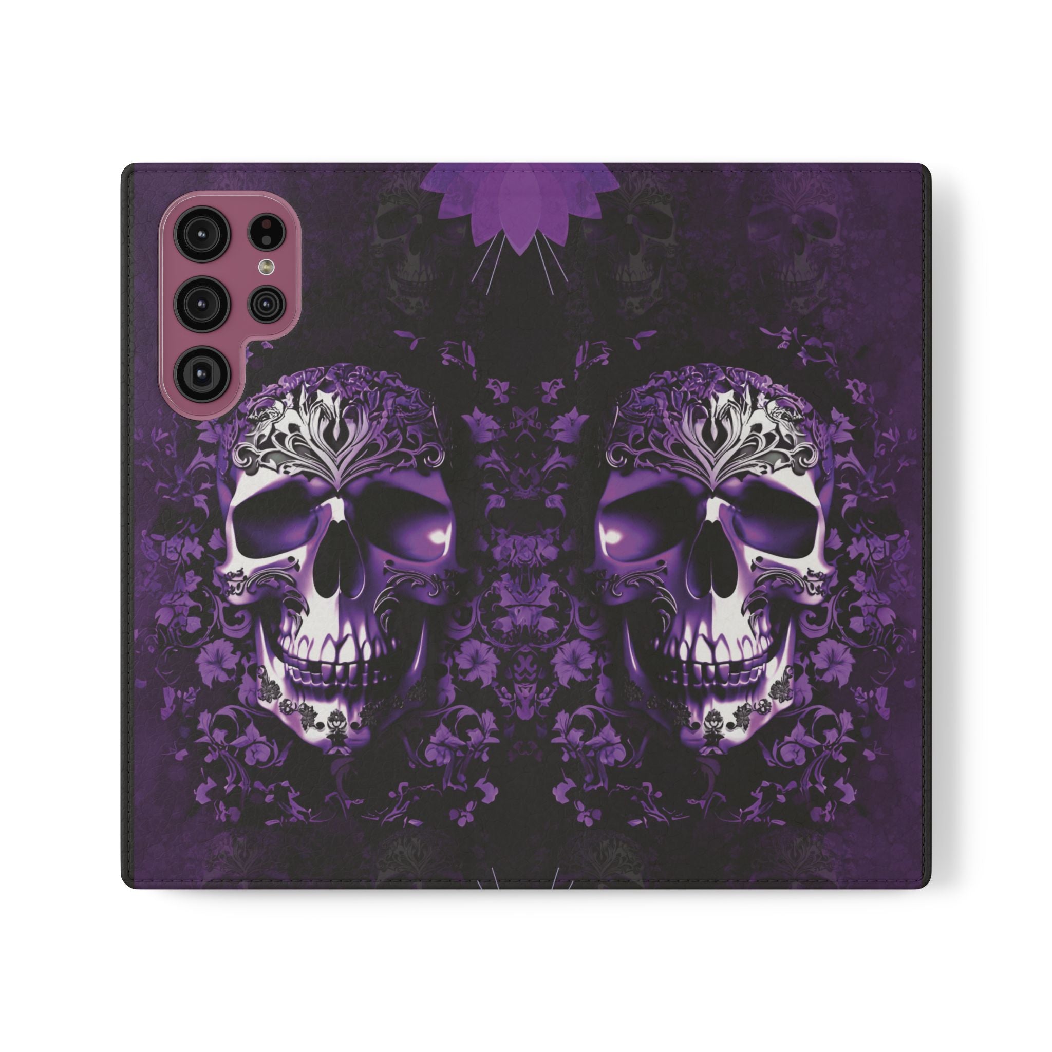 Purple Pastel Goth Skull Flip Wallet Phone Case - Skull Wallet Case for Samsung iPhone - Gothic Style Skull Wallet Phone Cases