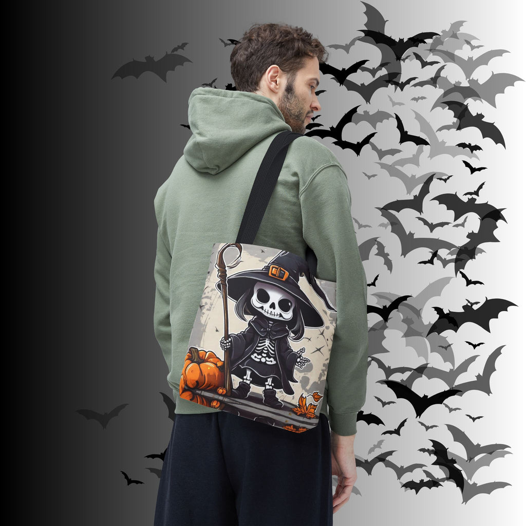 Skeleton Witch Halloween Tote Bag — Spooky Chibi Witch Print