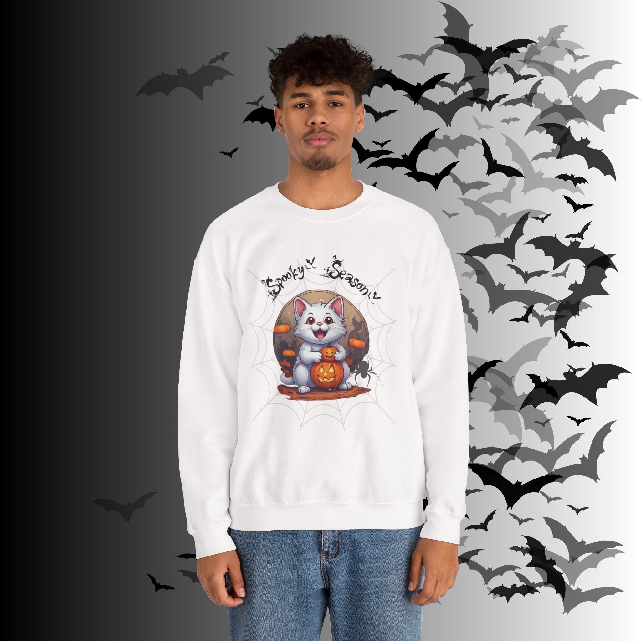 Spooky Season Cat Crewneck Sweatshirt — Kawaii Halloween Pumpkin