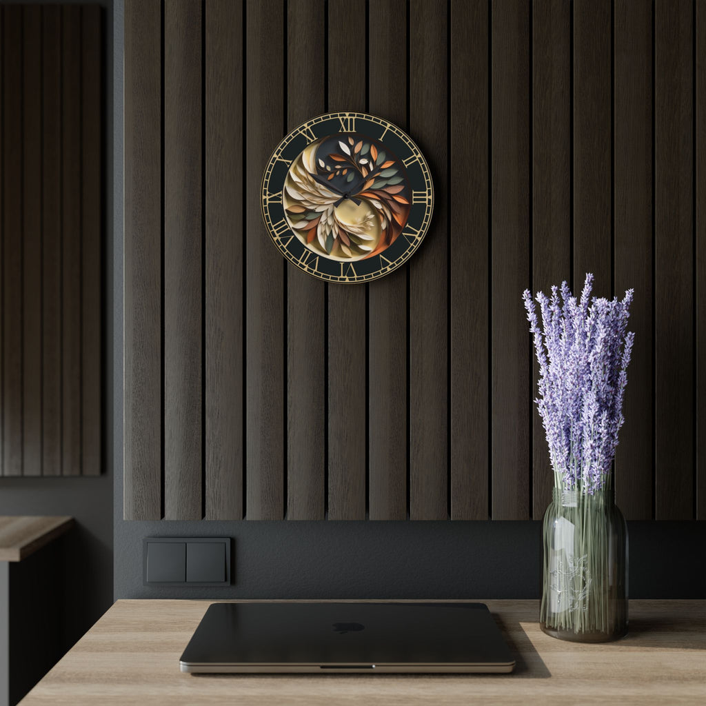Origami Style Yin Yang Botanical Acrylic Art Print Wall Clock — NOT Real Origami, Zen Home Decor