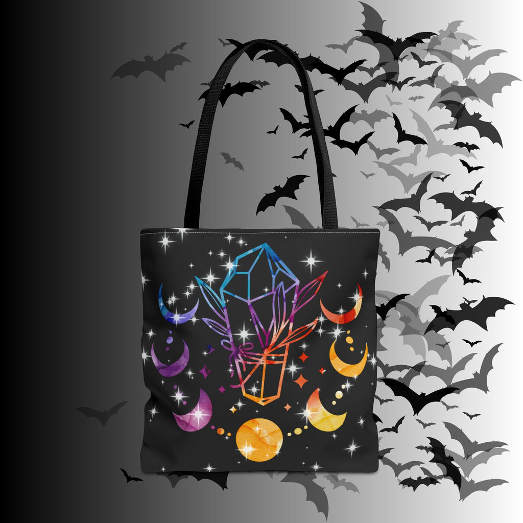 Rainbow Crystal Moon Phase Tote Bag — Celestial Witchy Print