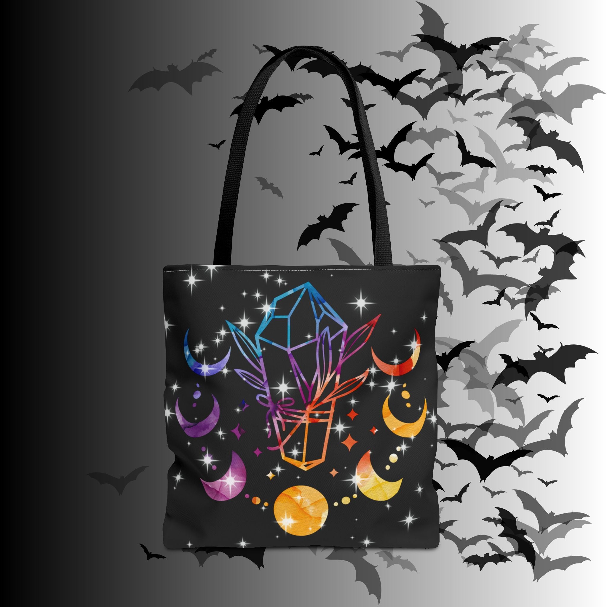 Rainbow Crystal Moon Phase Tote Bag — Celestial Witchy Print
