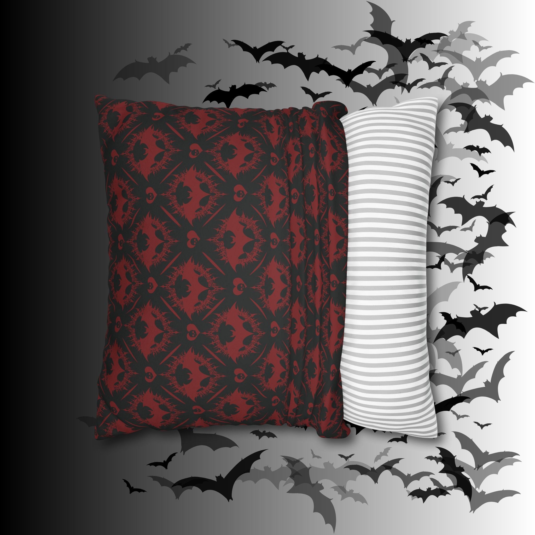 Gothic Bat Diamond Pattern Throw Pillow — Midnight Black Dark Home Decor