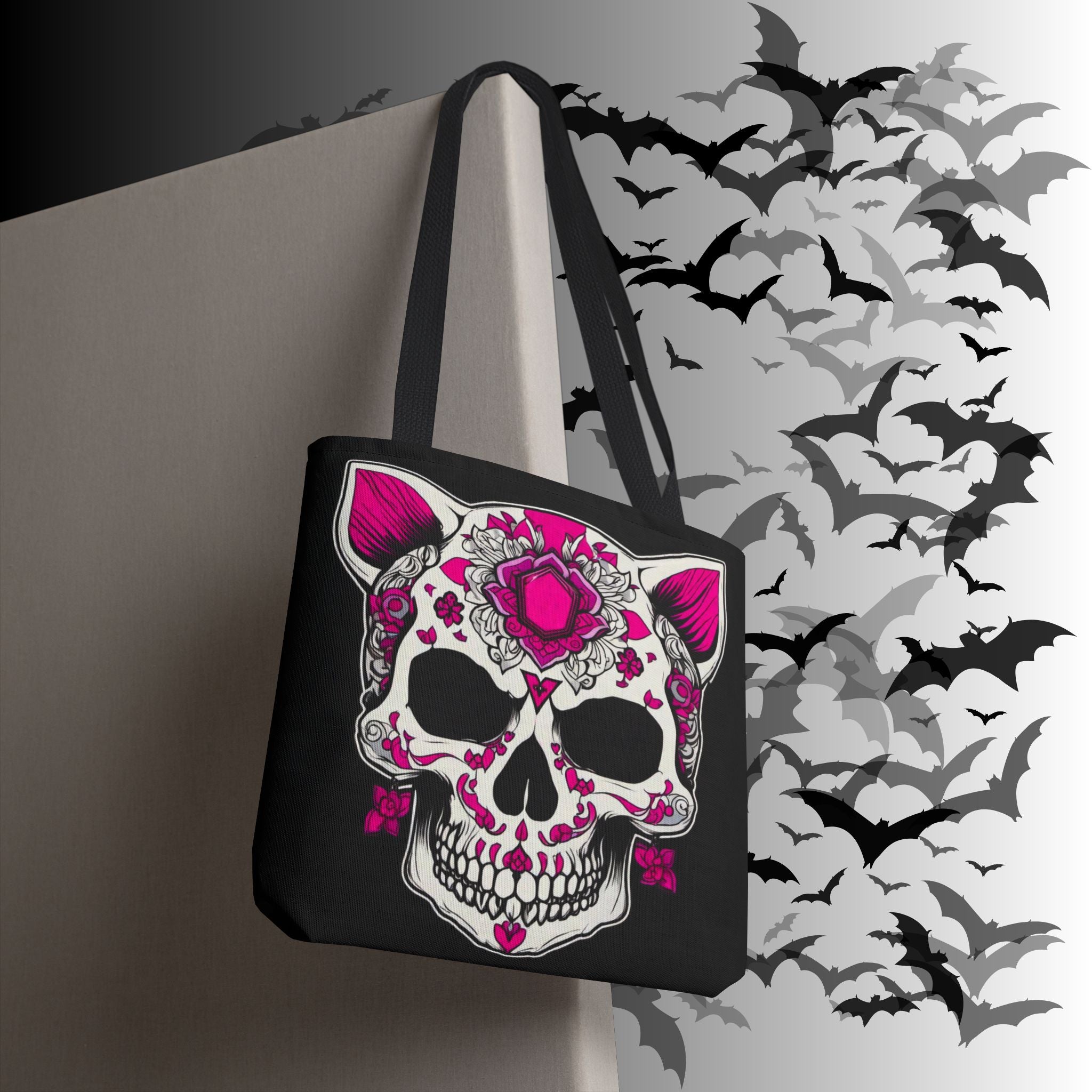 Pink Sugar Skull Cat Tote Bag — Day of the Dead Floral Design