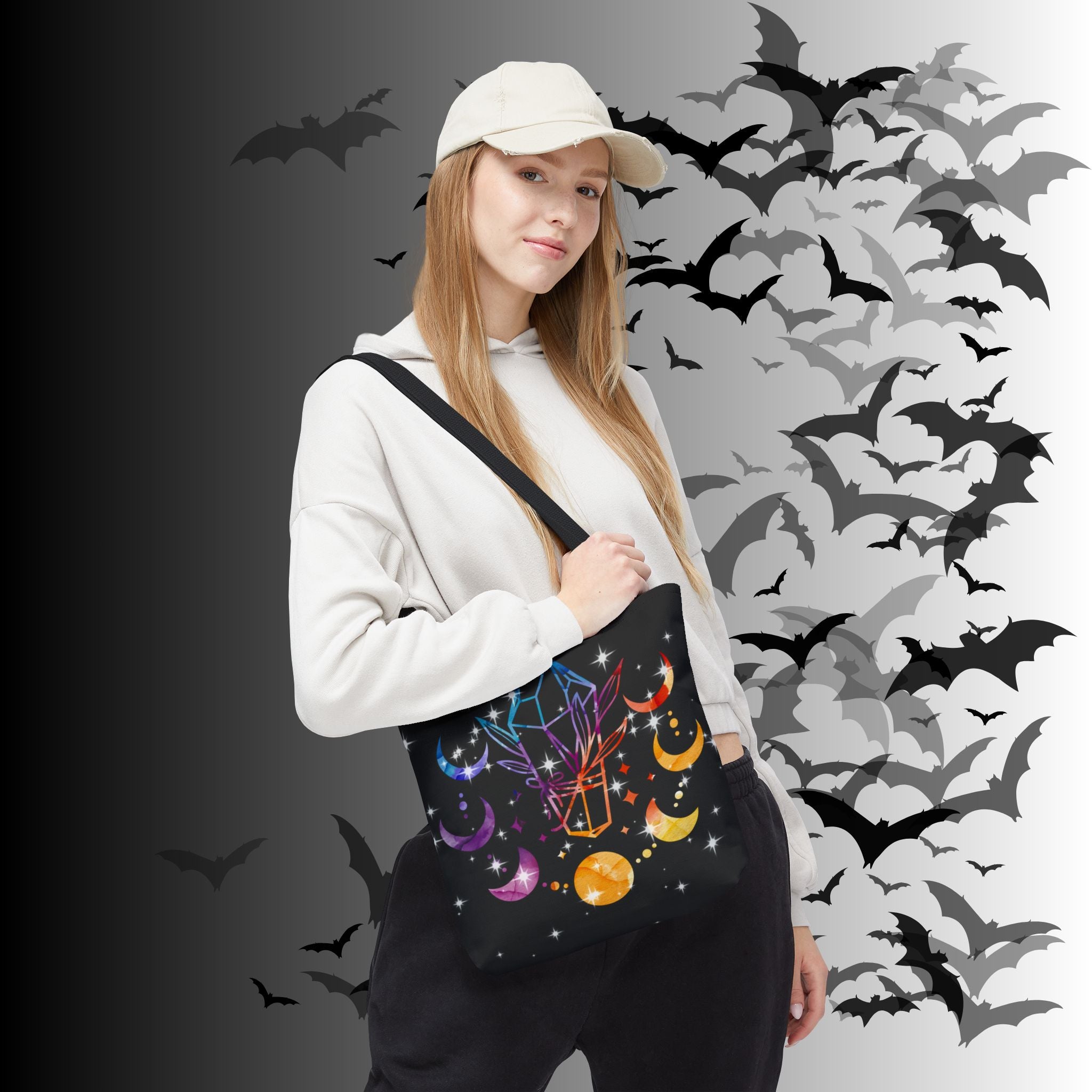 Rainbow Crystal Moon Phase Tote Bag — Celestial Witchy Print